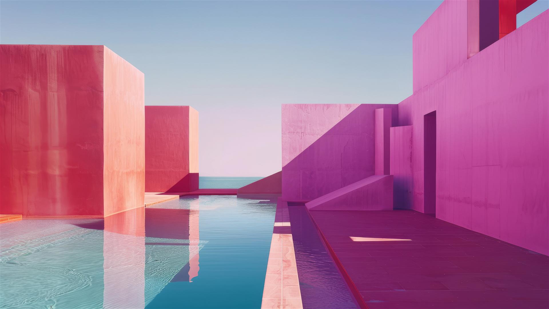 Three ethereal figures created from light transparent, striking photograph of Ricardo Bofill's Muralla Purpura in minimalist style, under a clean sky with an 80s-themed swimming pool