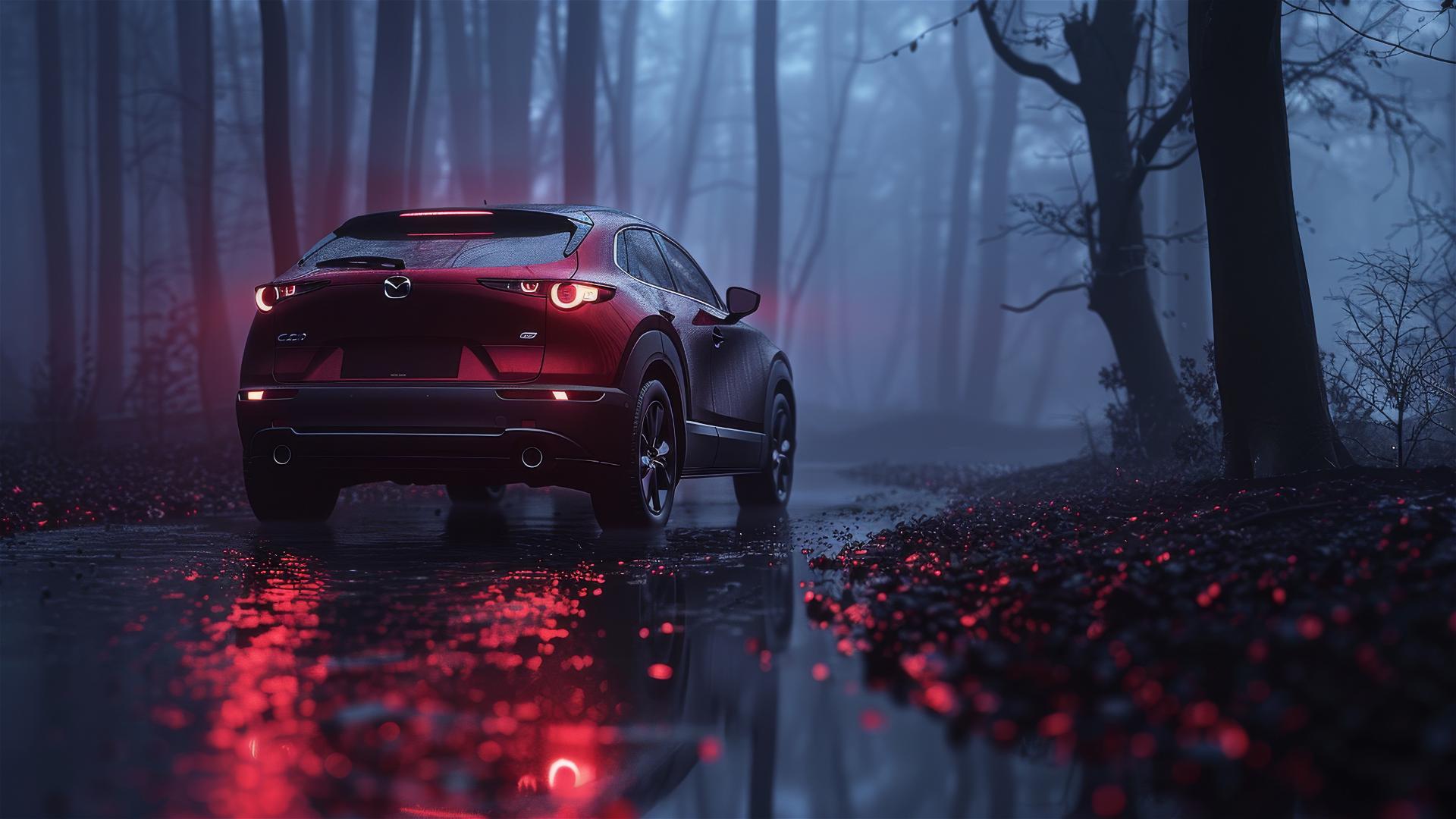 Gothic gloomy Mazda CX-30 in dim lighting with fog
