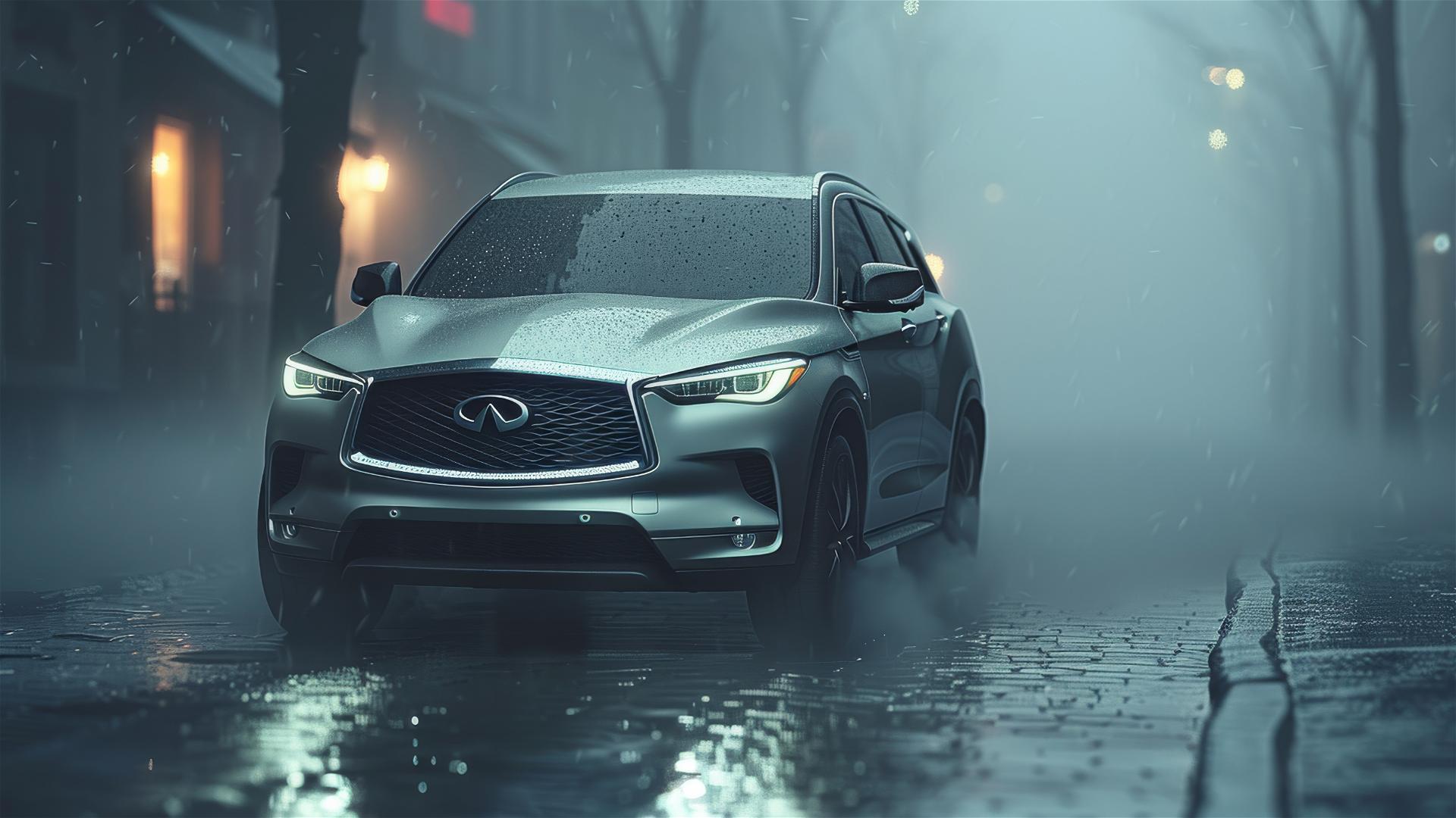 Photorealistic, closely viewed Infiniti QX50 under dim lighting with a gothic gloomy ambiance, in 8K smooth rendering amidst fog