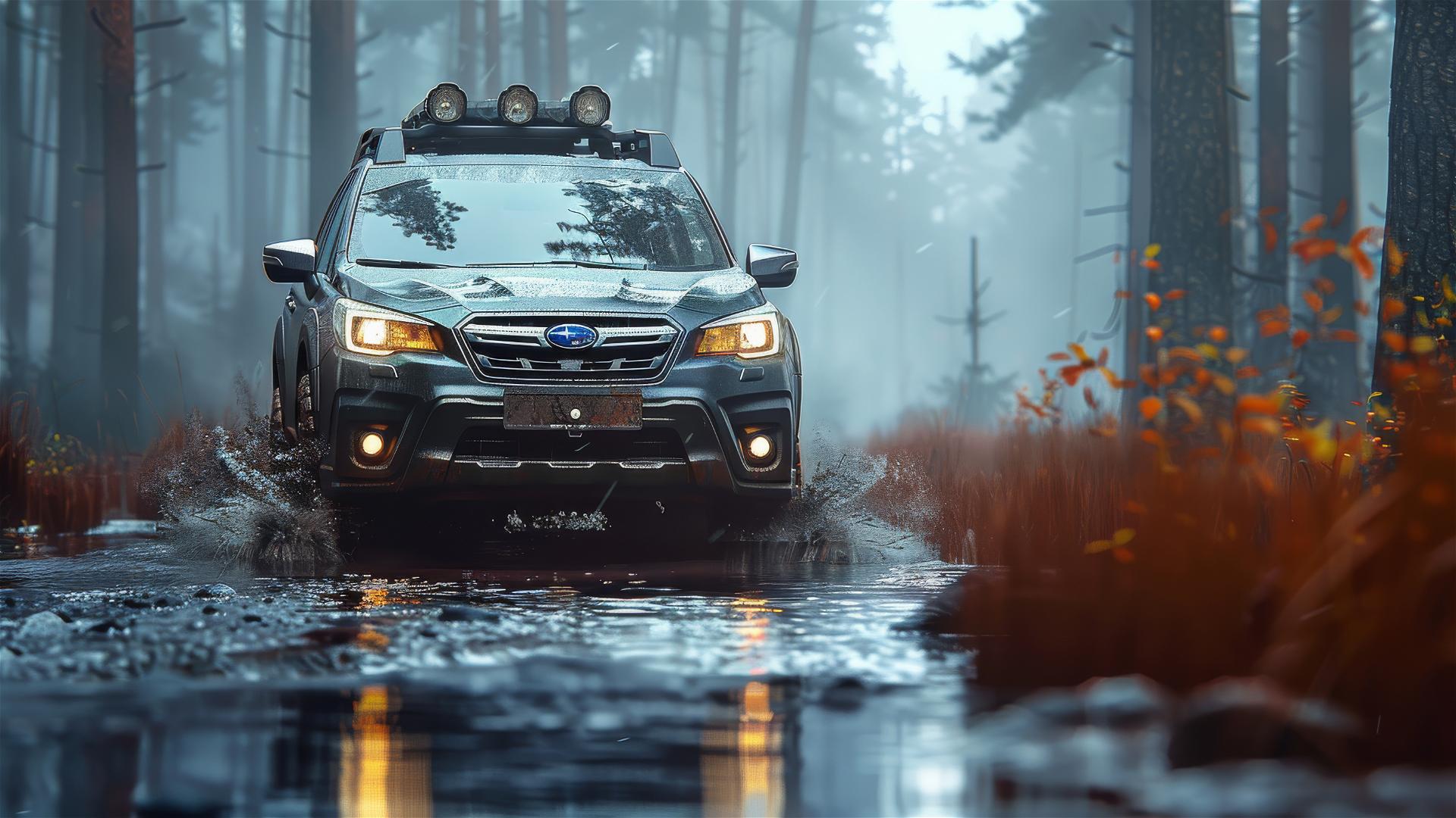 Subaru Outback in dim, gothic fog with photorealistic details
