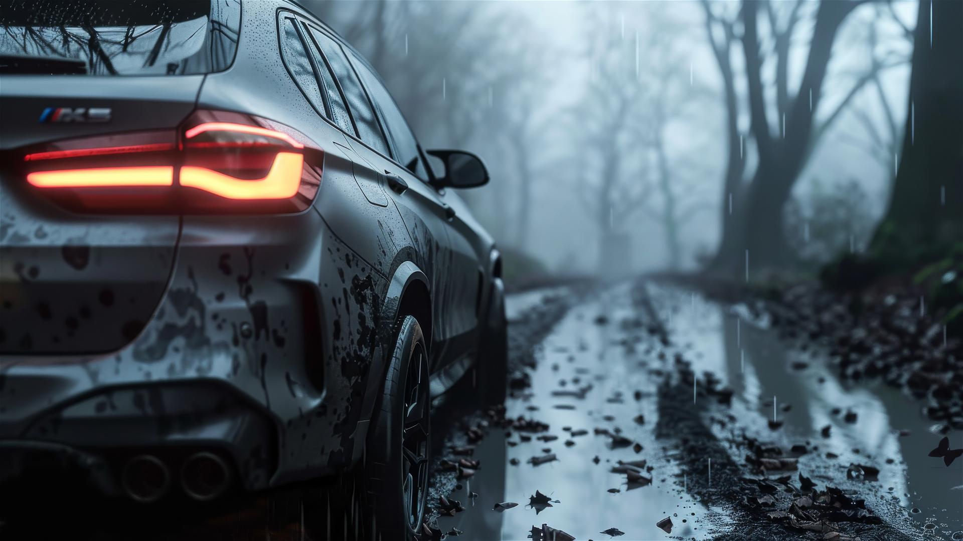Photorealistic closeup view of BMW X5 in gothic gloomy setting and foggy dim lighting