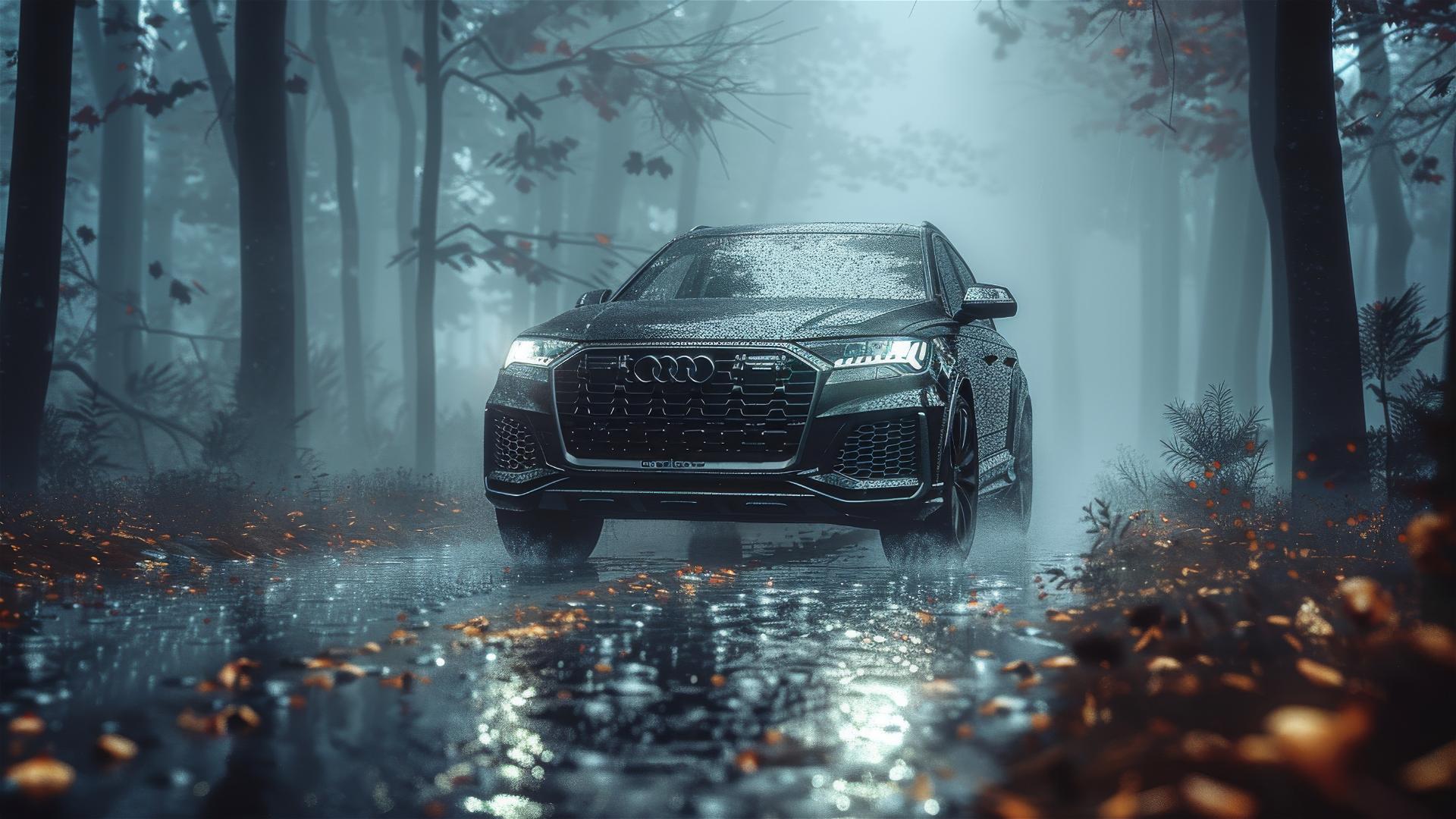 Close-up of Audi Q7 in dim, gothic gloomy lighting and foggy ambiance