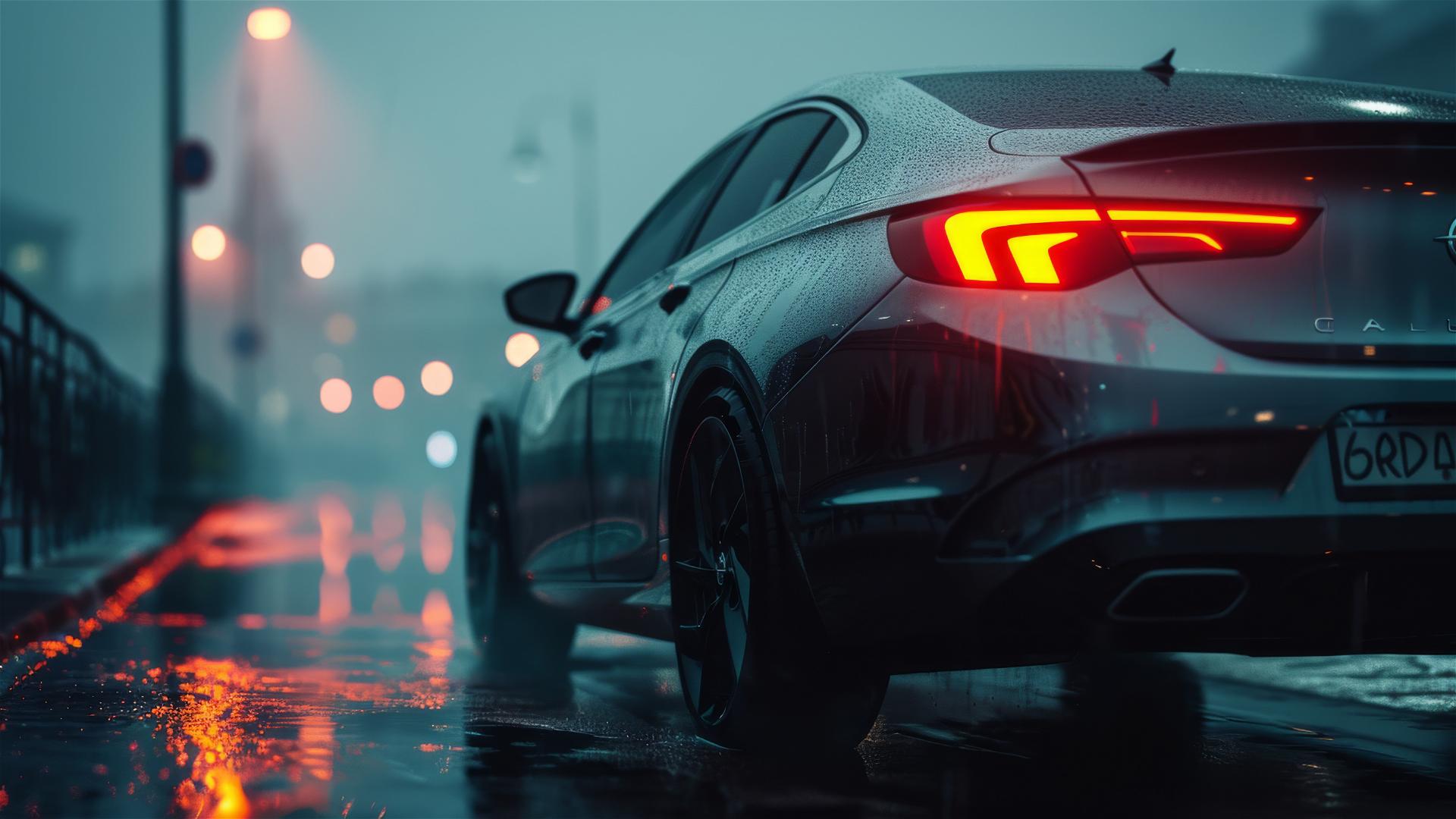 Opel Insignia in dim lighting with a gothic gloomy tone, close-up view in foggy setting at 8k resolution