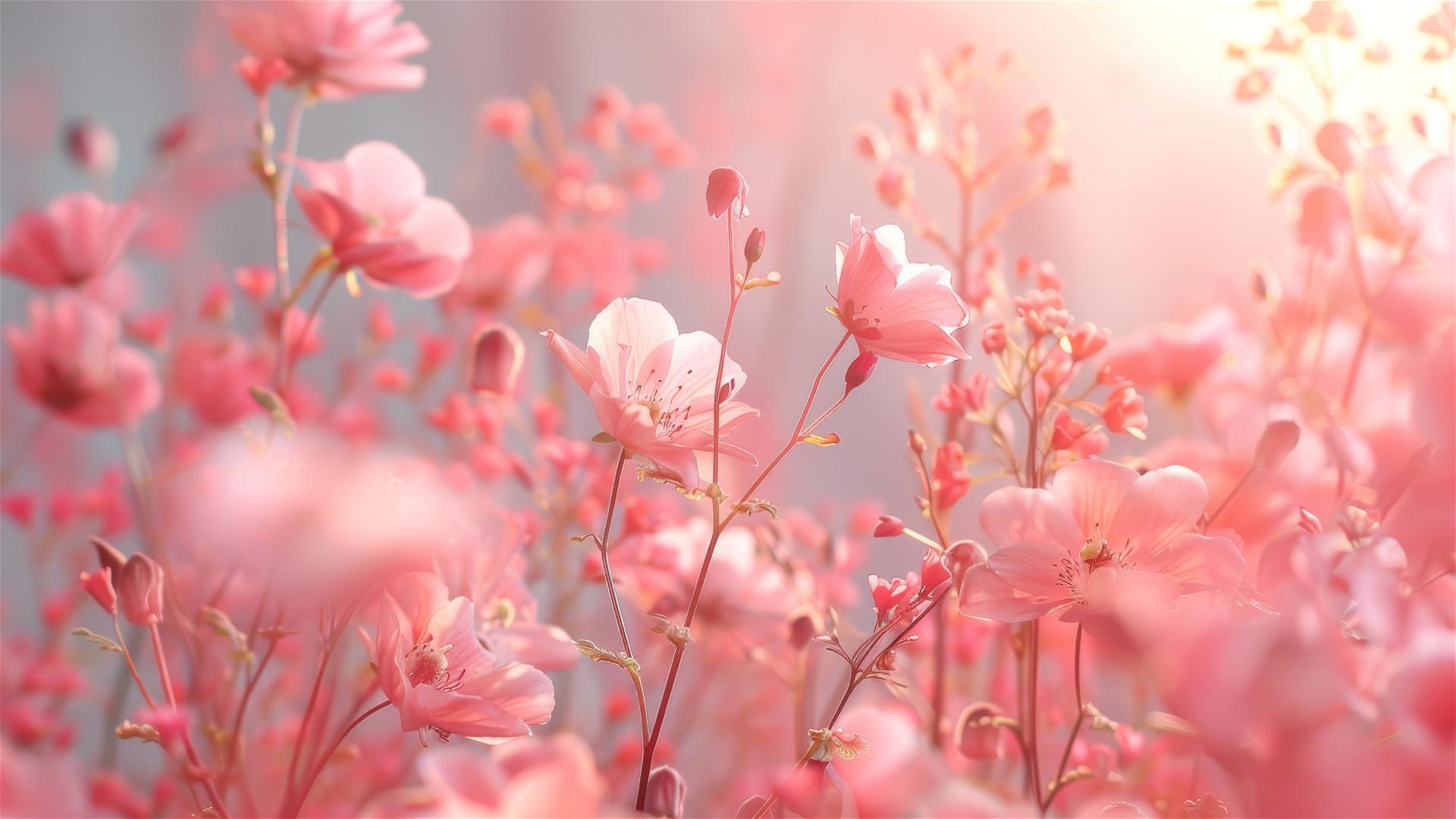 Spring flowers on pastel pink background with sunlight