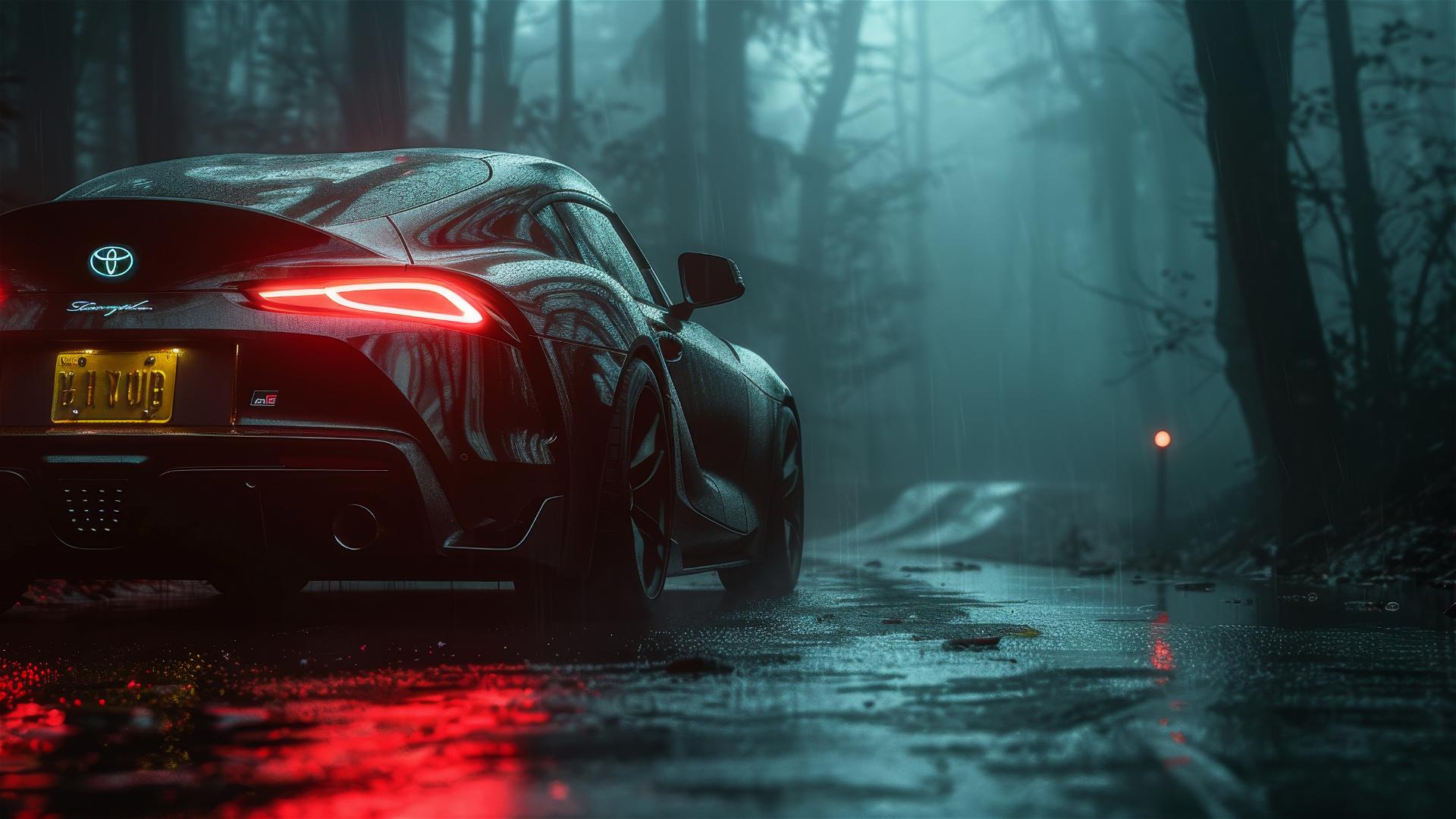 Gothic gloomy dim lighting view of Toyota Supra in 8k smooth photorealistic rendering with closeup view under foggy conditions