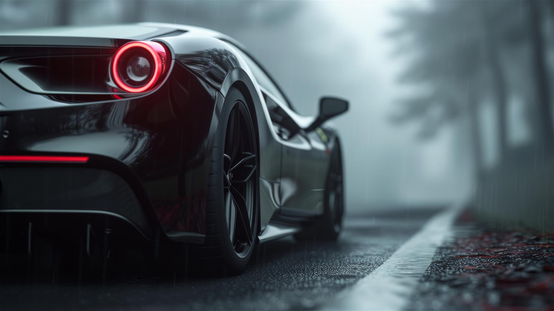 Ferrari 488 in dim lighting with a closeup view in photorealistic gothic gloomy setting, surrounded by fog