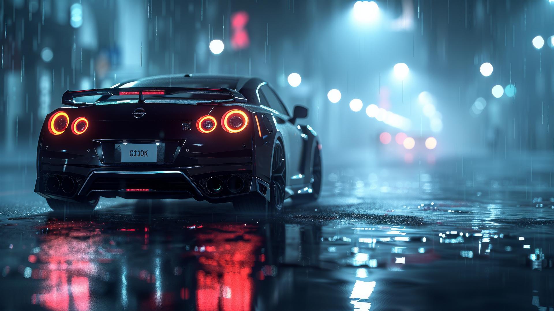 Nissan GTR under dim Gothic lighting with foggy atmosphere in photorealistic closeup