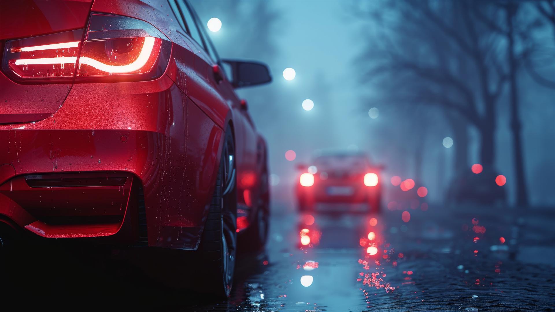 A closeup view of a BMW 3 series in dim, gothic gloomy lighting, shrouded in fog, rendered in photorealistic 8k quality