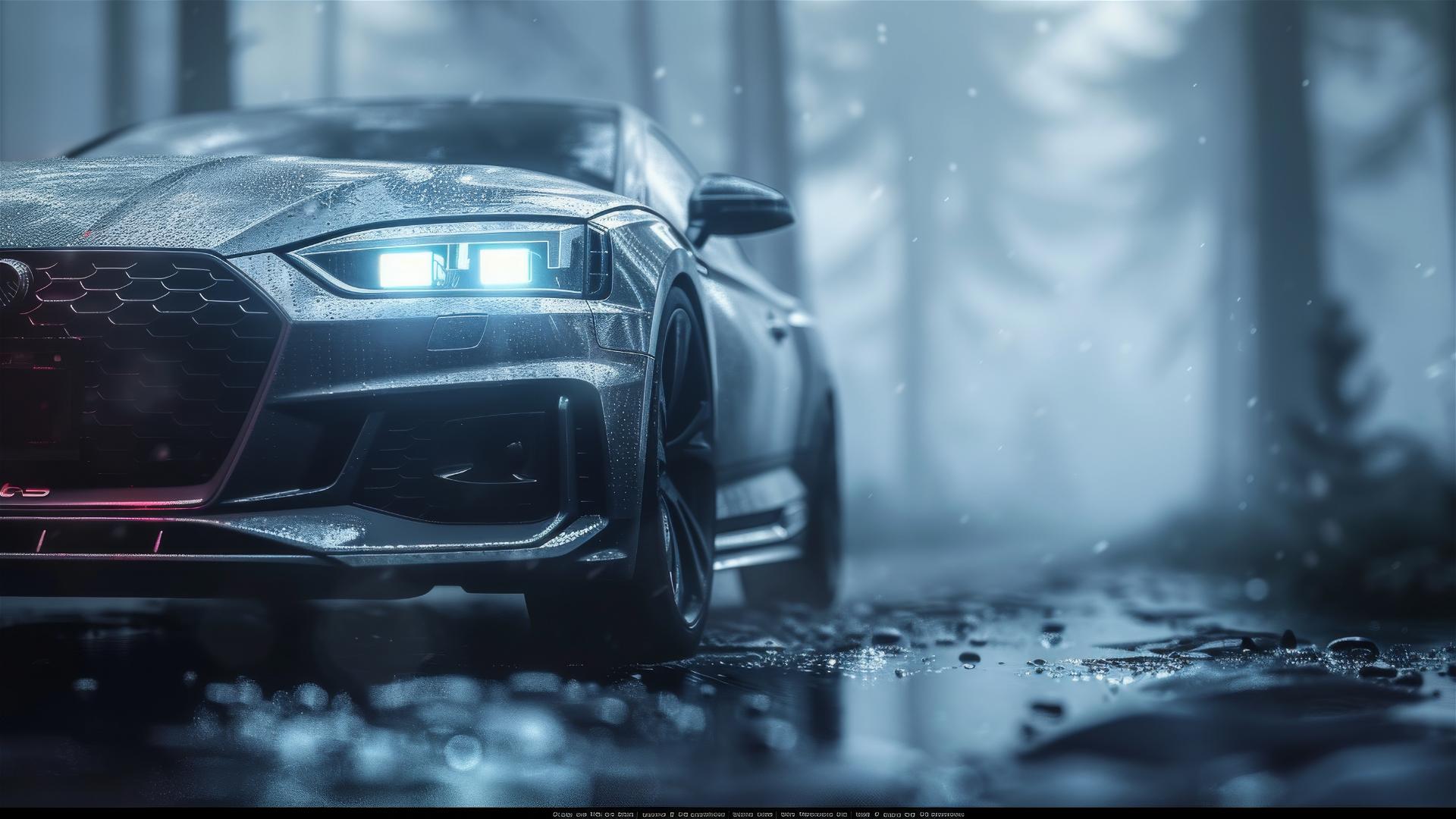 Audi A5 car in dim gothic lighting with foggy background, photorealistic closeup.
