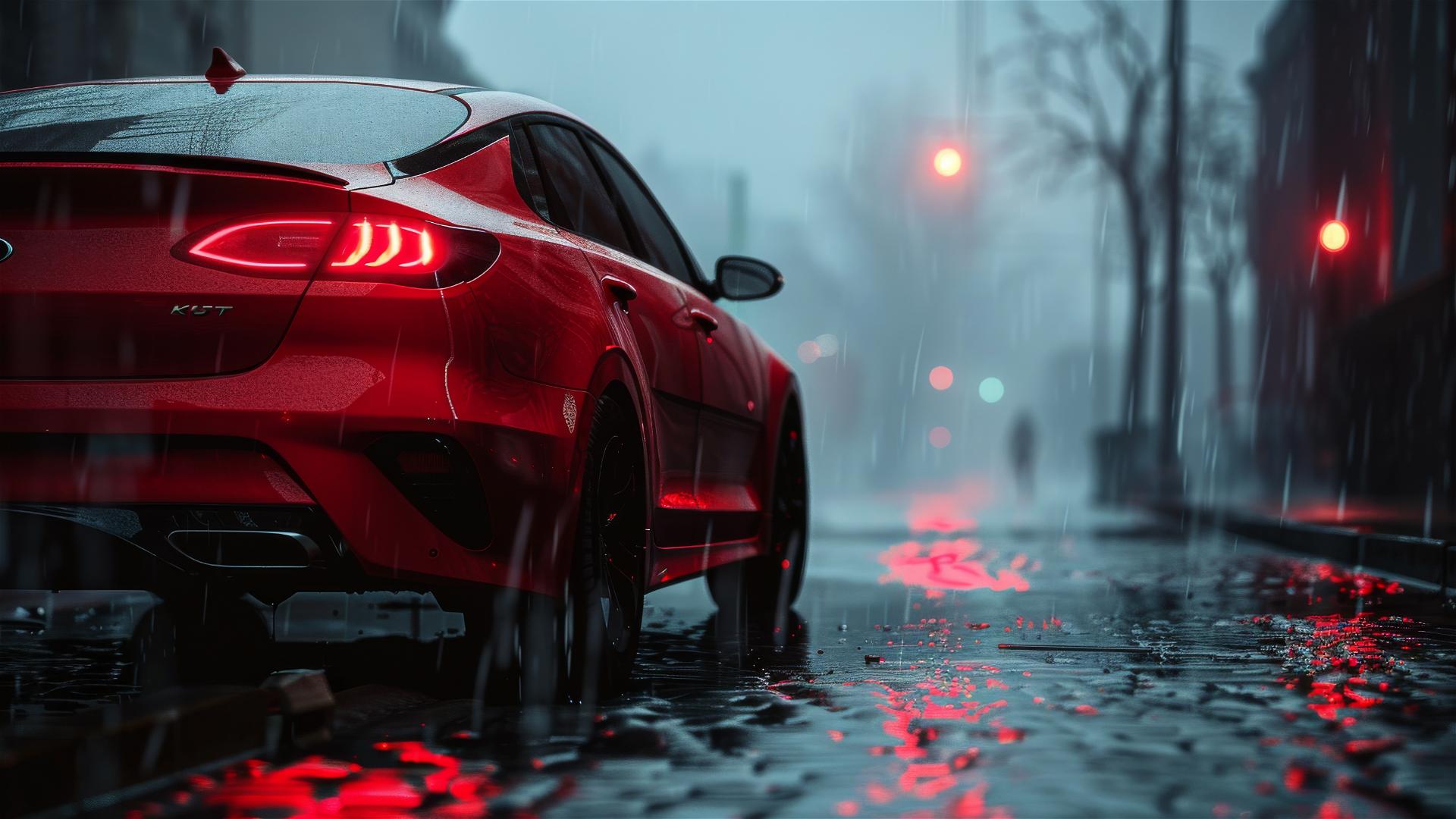 Photorealistic close-up of a foggy, gothic Kia Optima under dim lighting