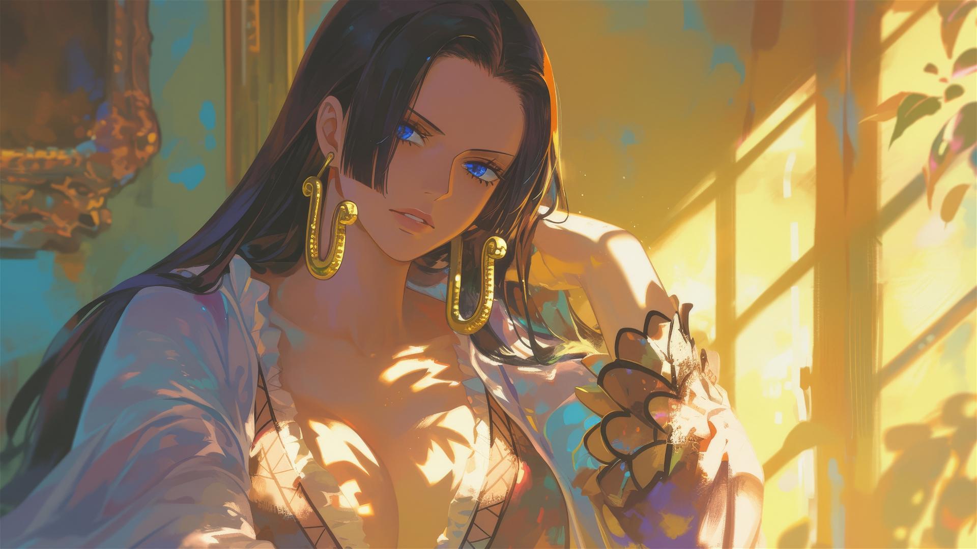 Boa Hancock from One Piece walking in an art gallery