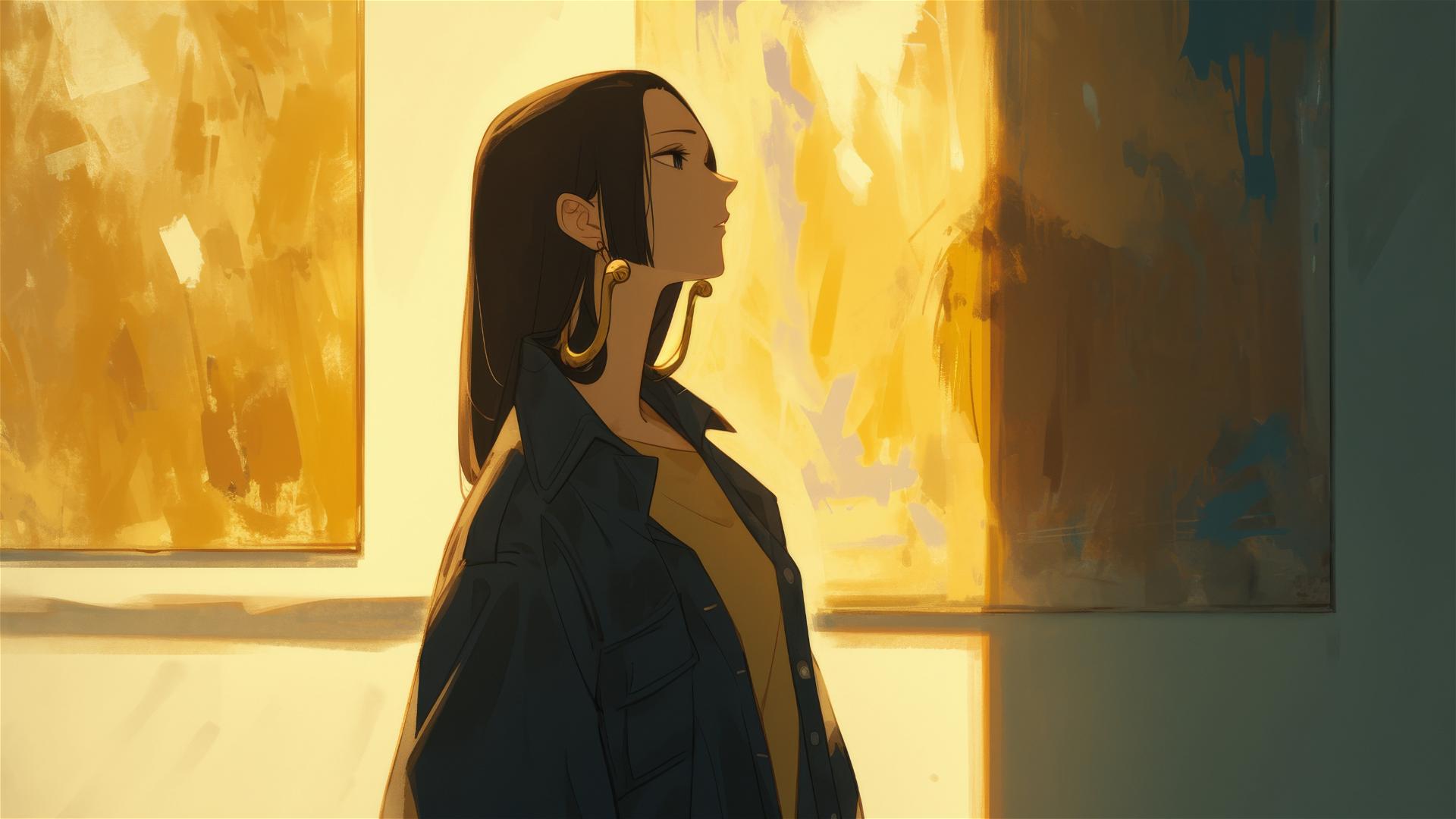 Boa Hancock from One Piece wandering through an art gallery under soft lights