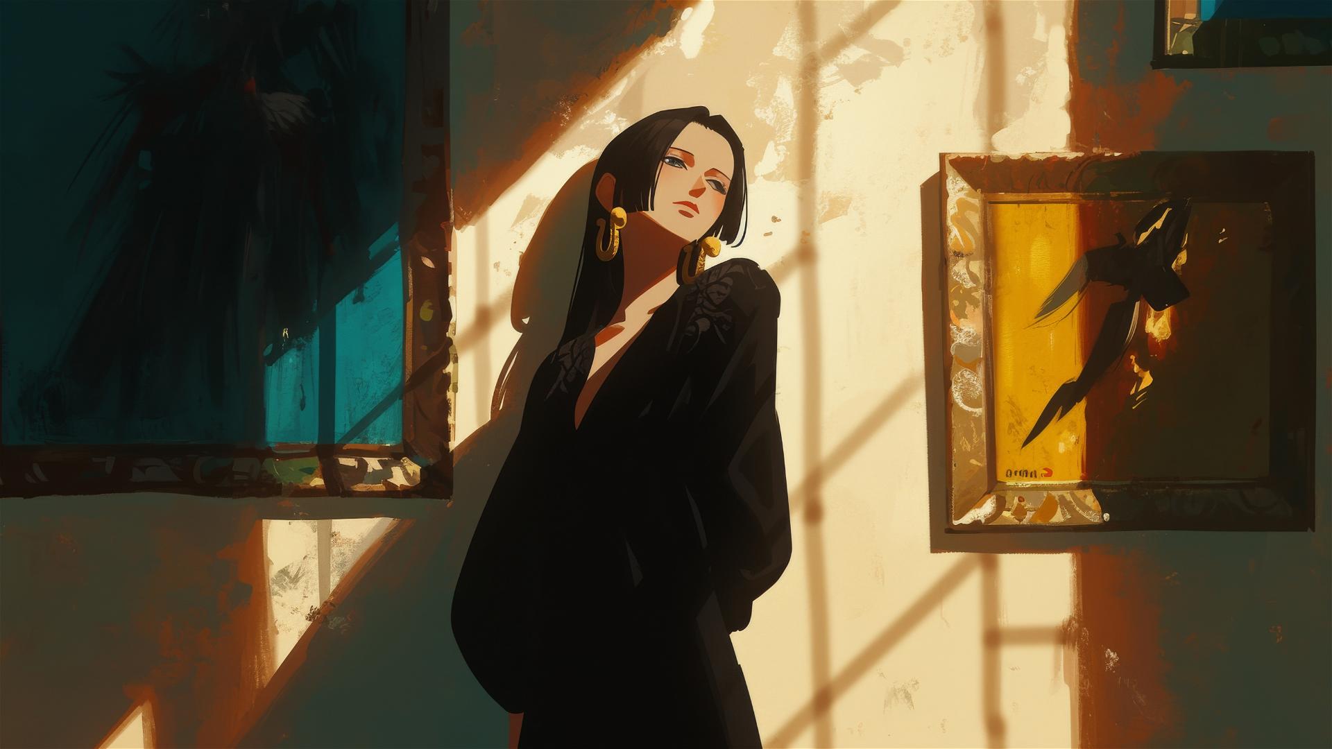 Boa Hancock from One Piece strolling in an art gallery under soft lighting