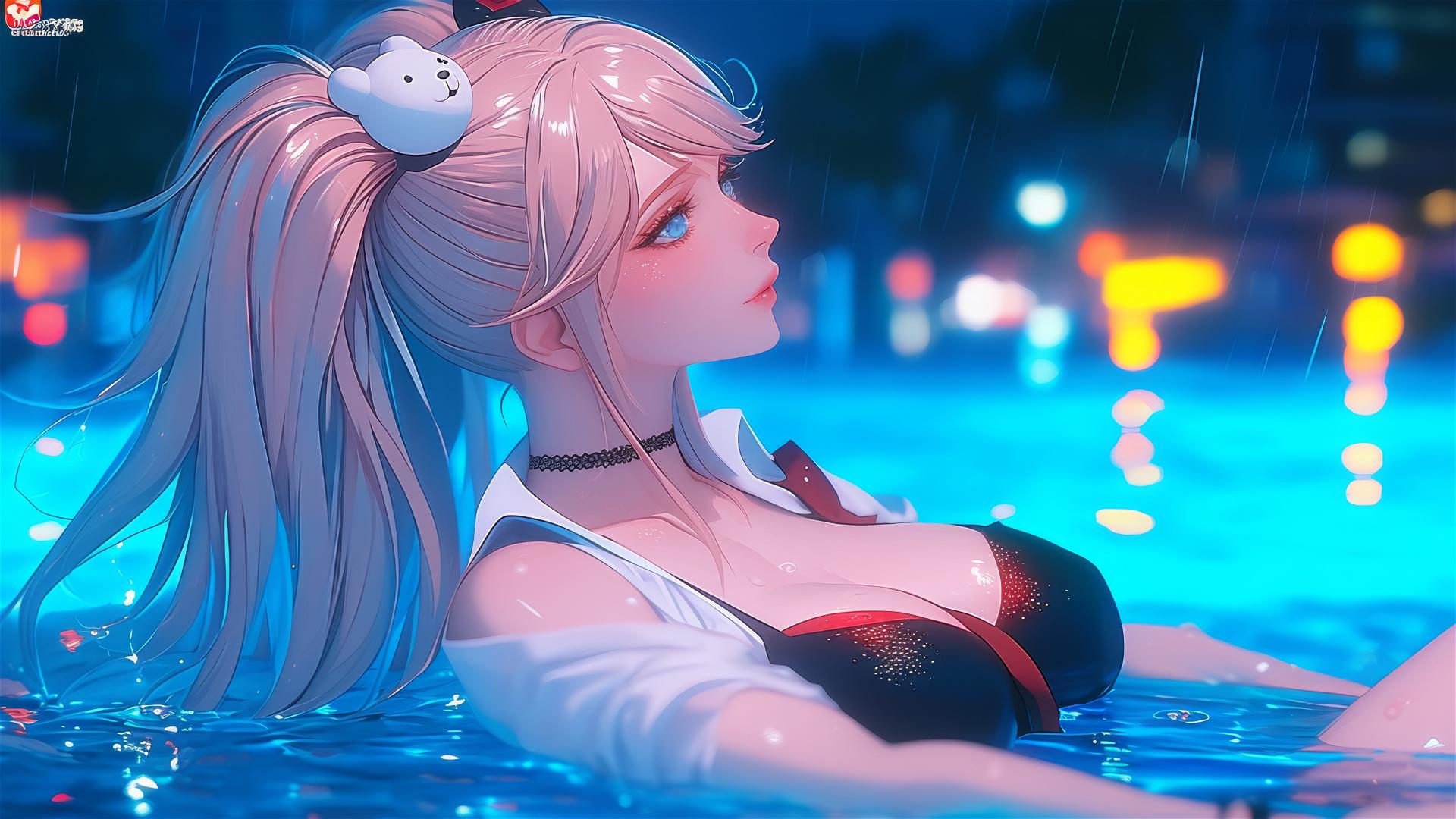 Junko Enoshima from Danganronpa resting at a rainy swimming pool, blond hair, light blue eyes