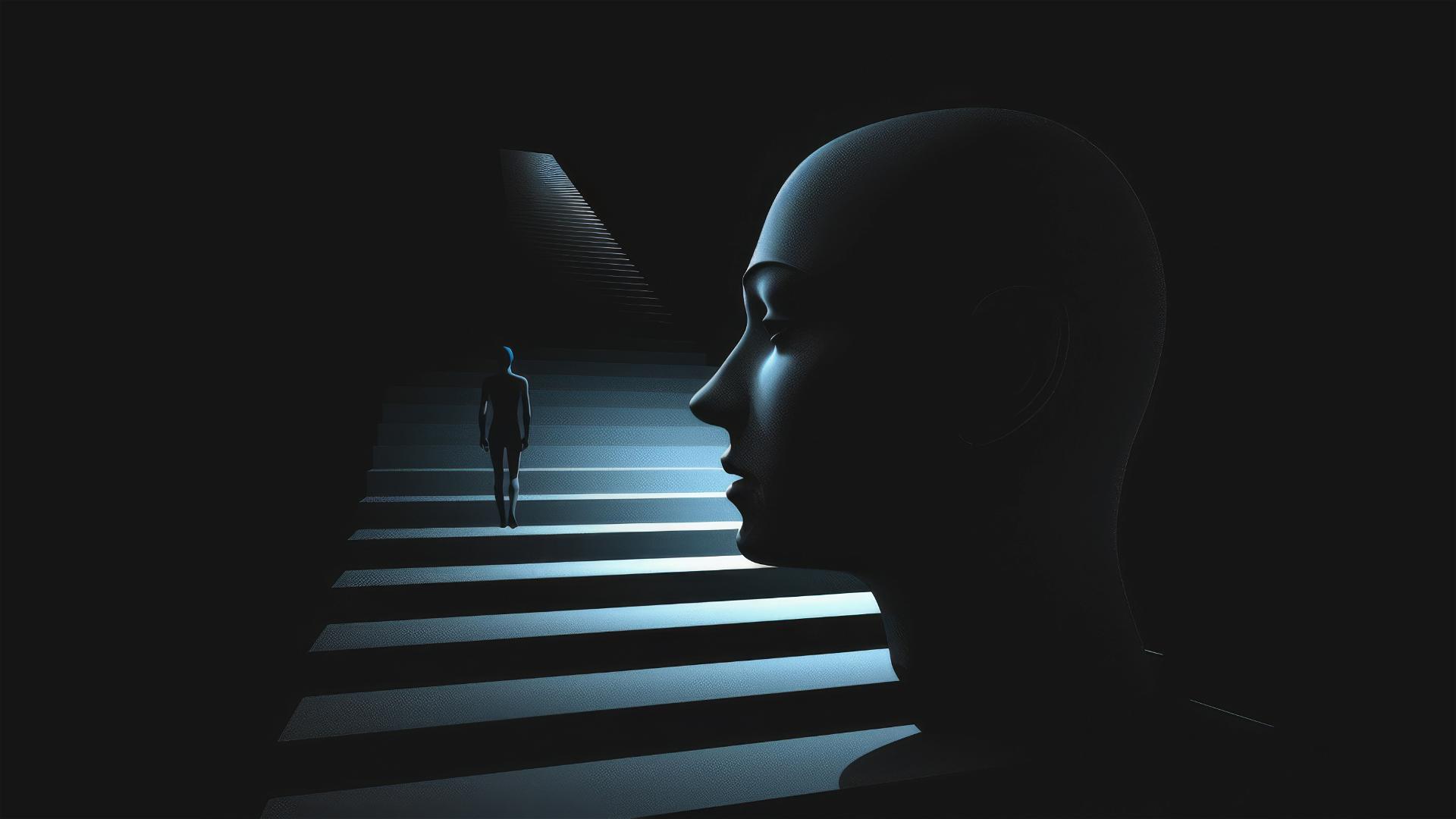 Sculptural head silhouette with open mind stairs and lone figure