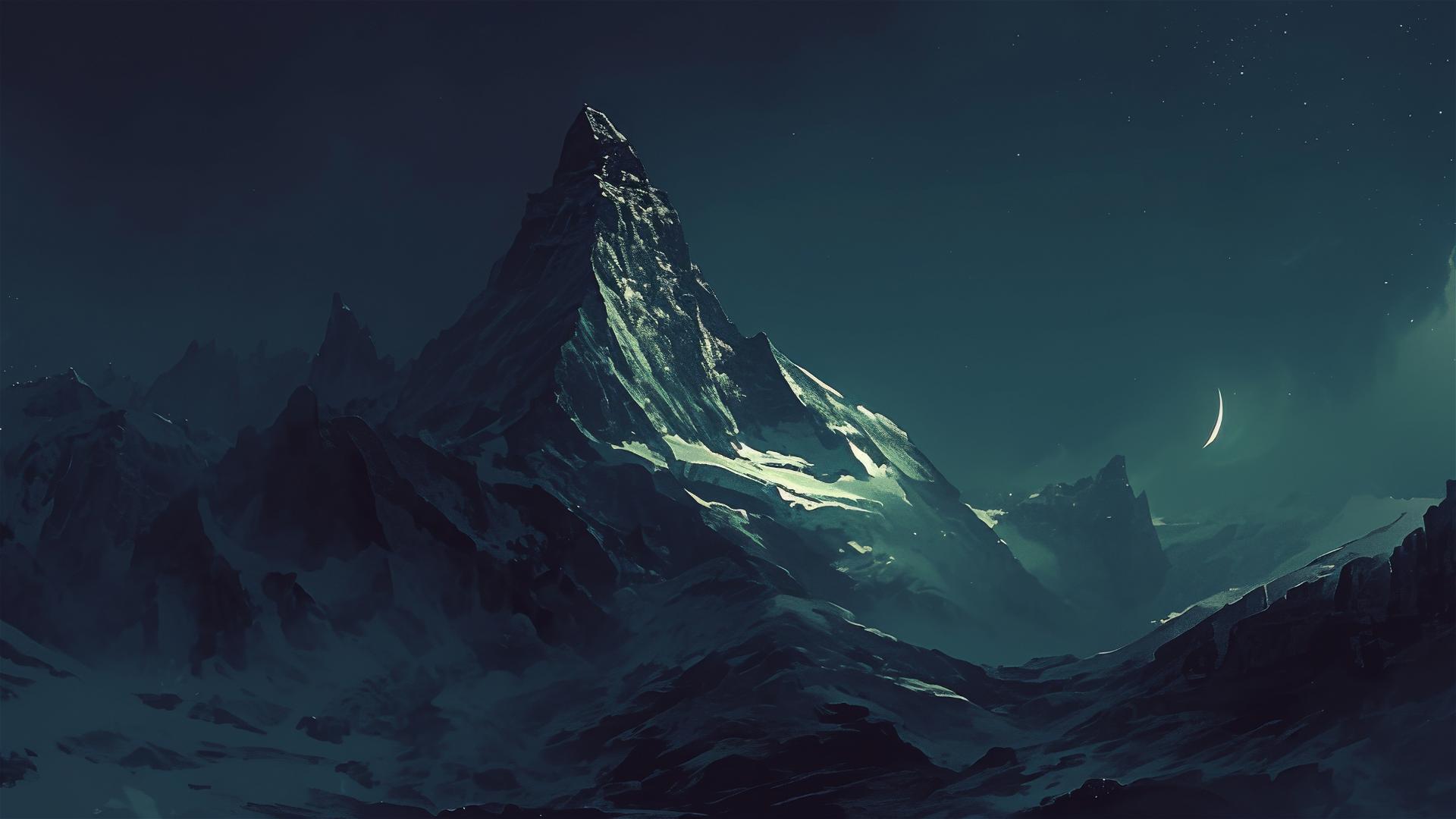 Aesthetic dark view of a shadowy mountain under a new moon at night