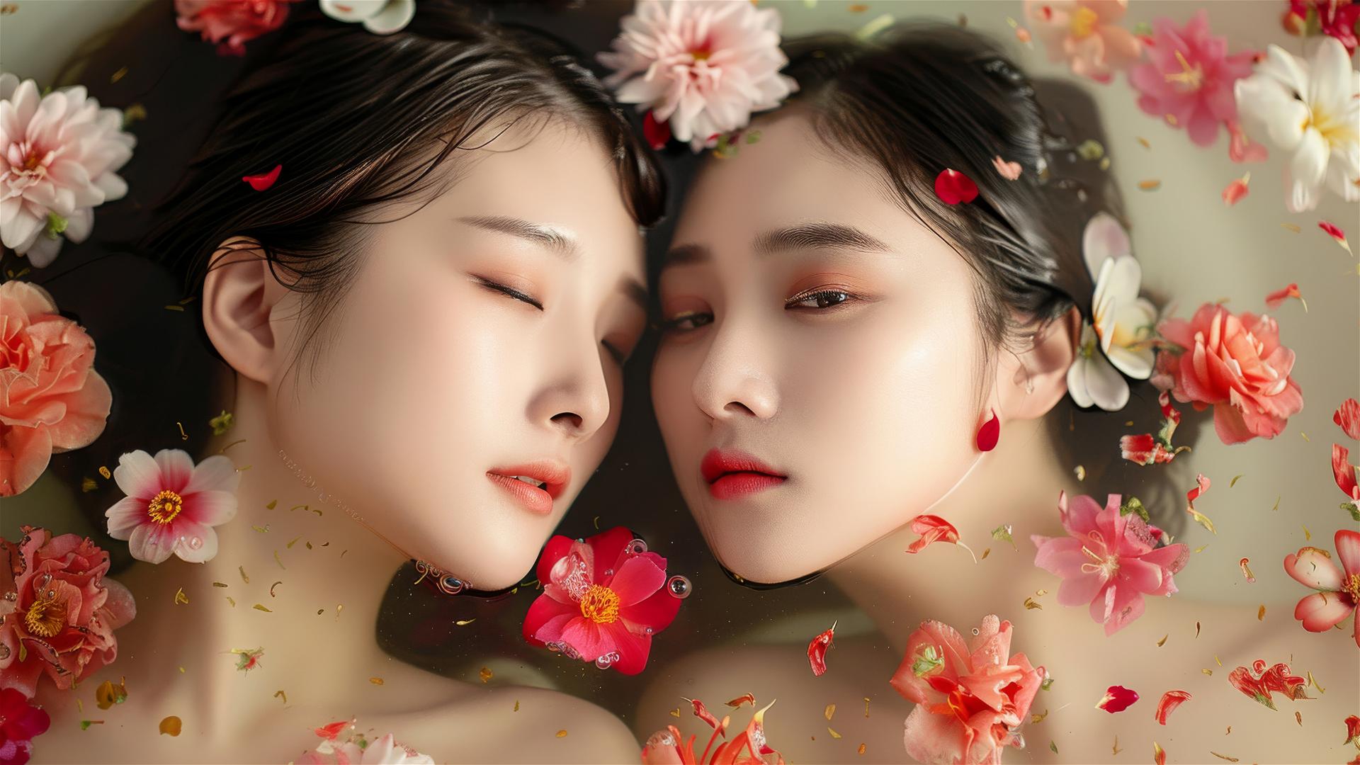 Asian women in flower tub at a Chinese spa