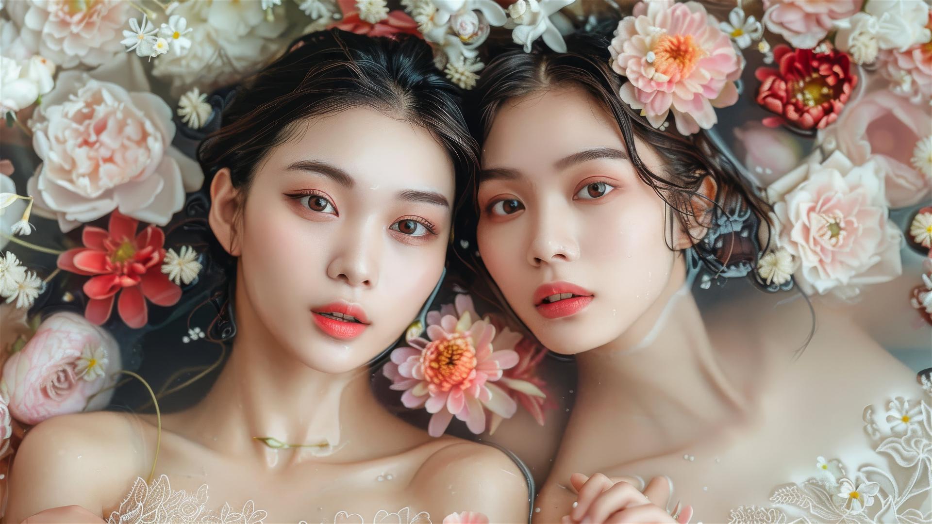 Asian women in a flower-filled tub at a Chinese spa