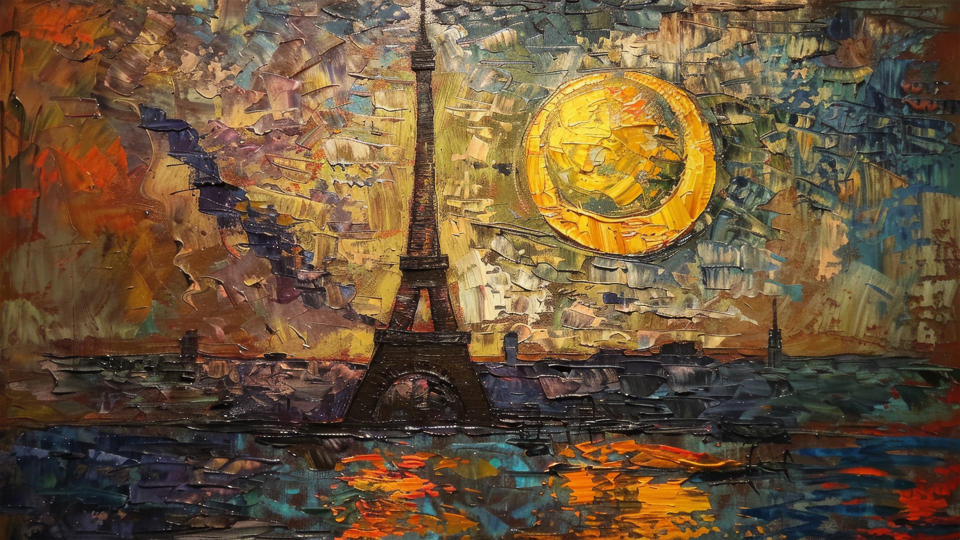 Van Gogh style painting of Eiffel Tower at dusk with crescent moon