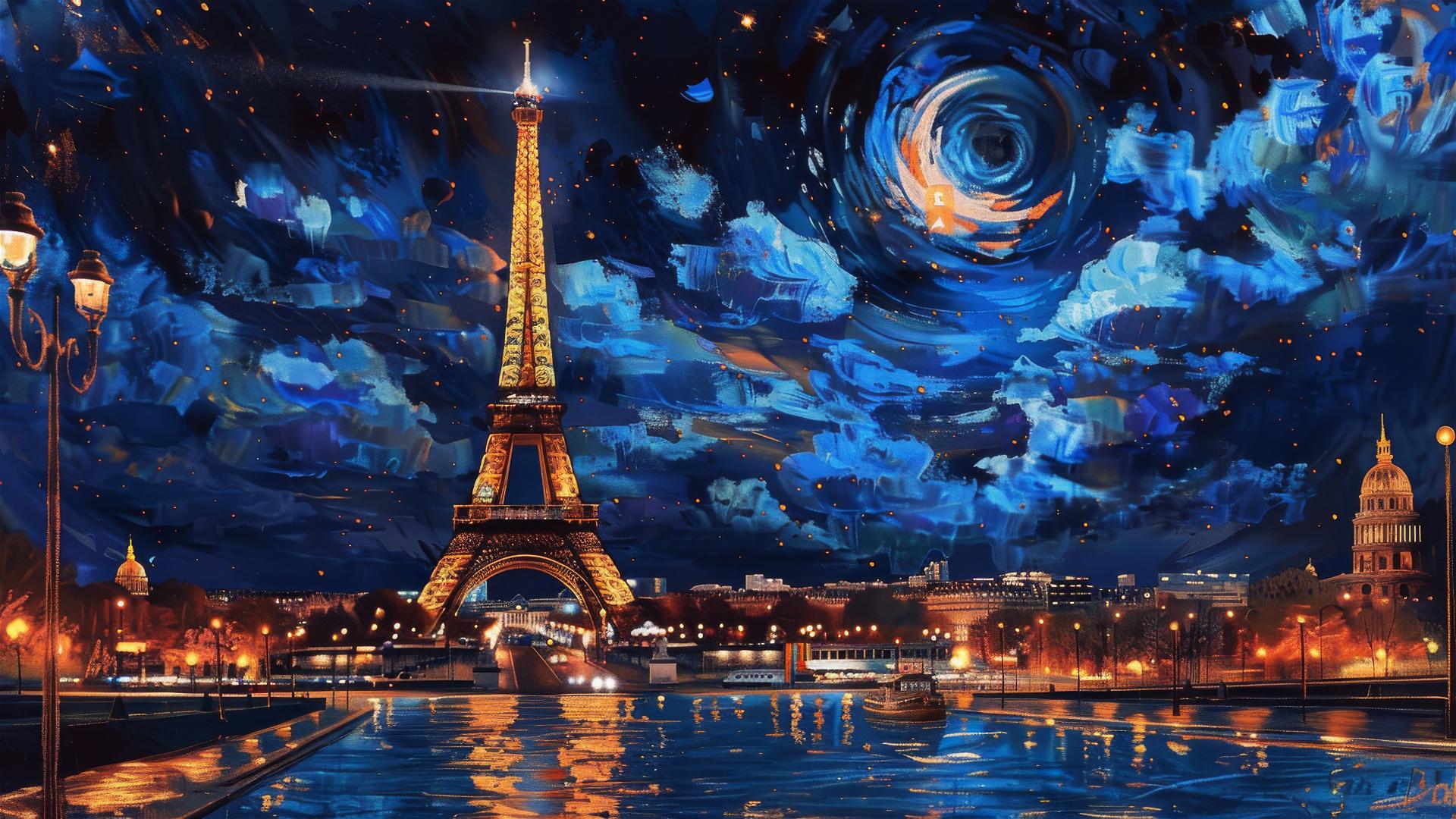 Van Gogh-style Paris night sky over Eiffel Tower