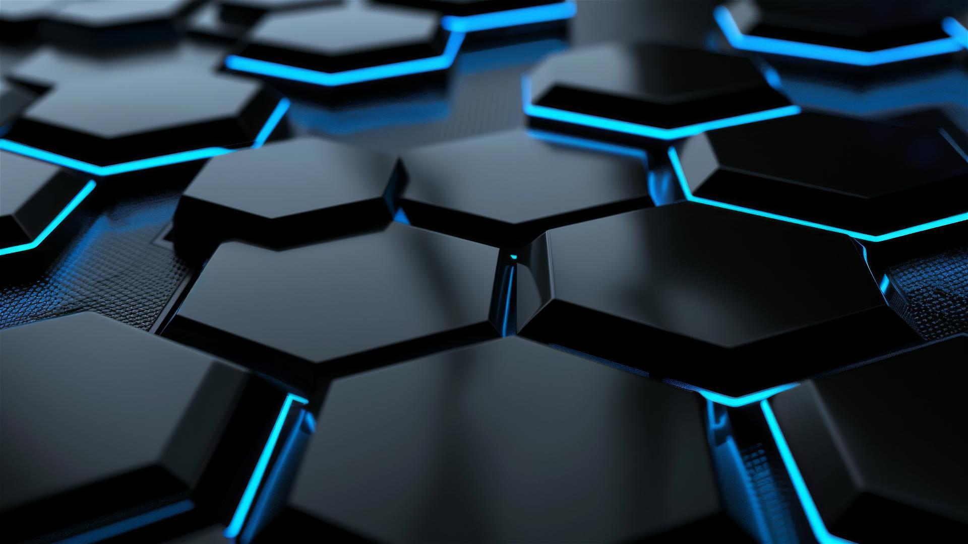 Black metallic hexagons with blue glowing edges and neon contrasts