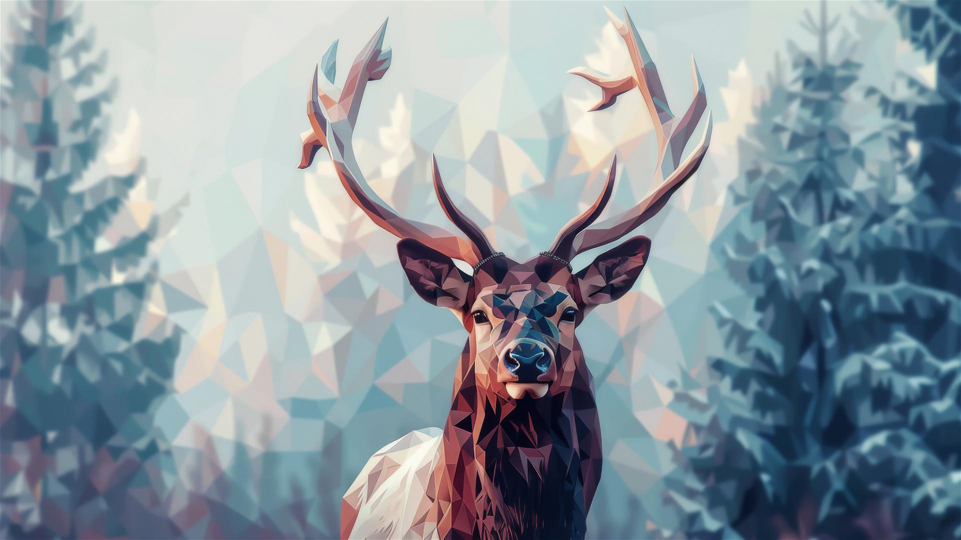 Cubist stag head in moonlit glade, white ground, large triangles
