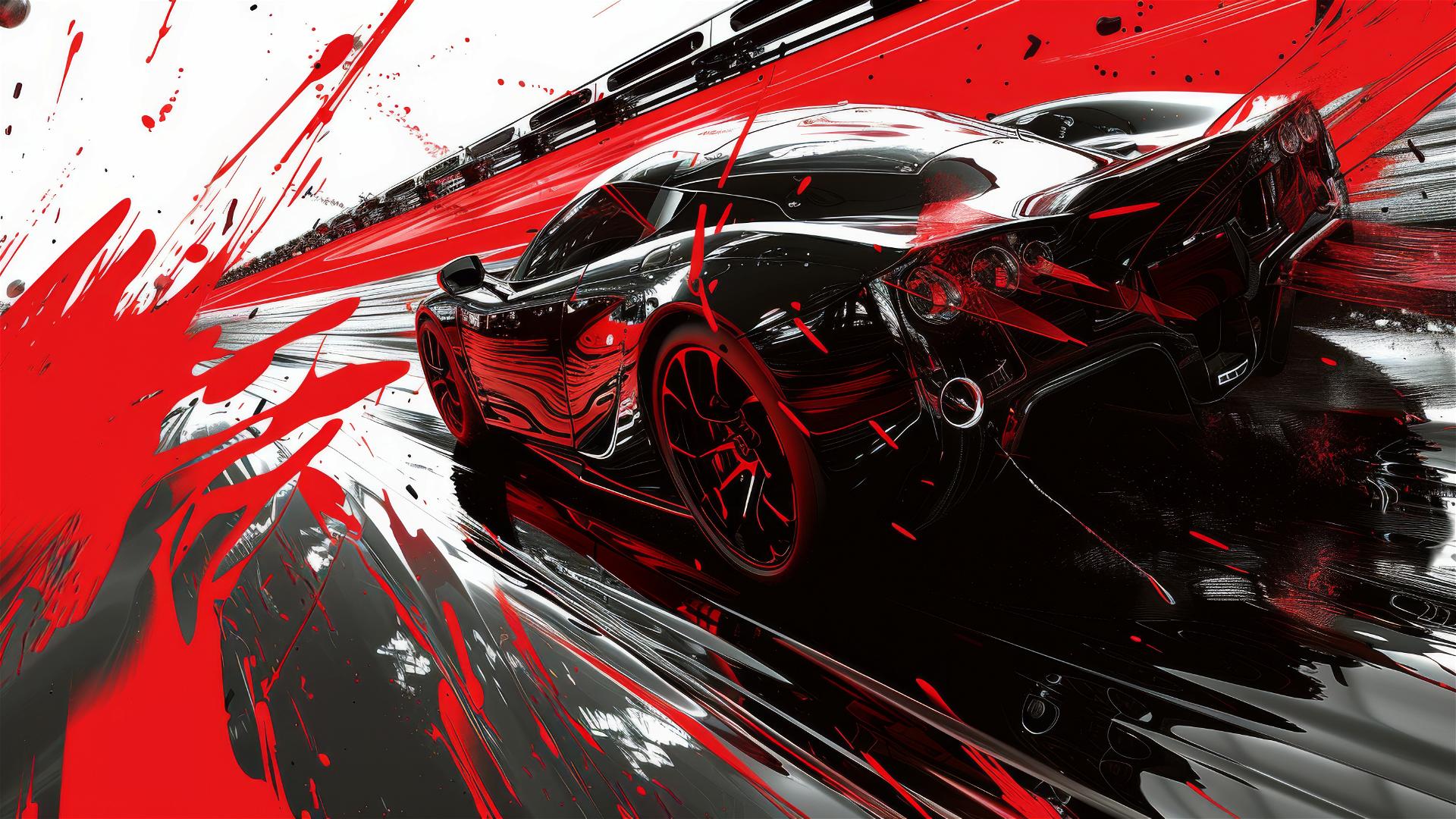 Hyper-realistic racing art in red and black with liquid metal