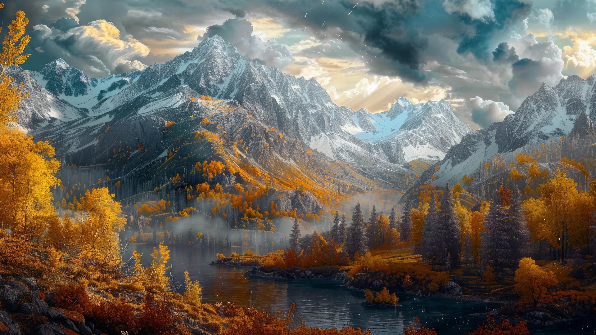 Detailed painting of mountains with amber and teal hues, rich foliage