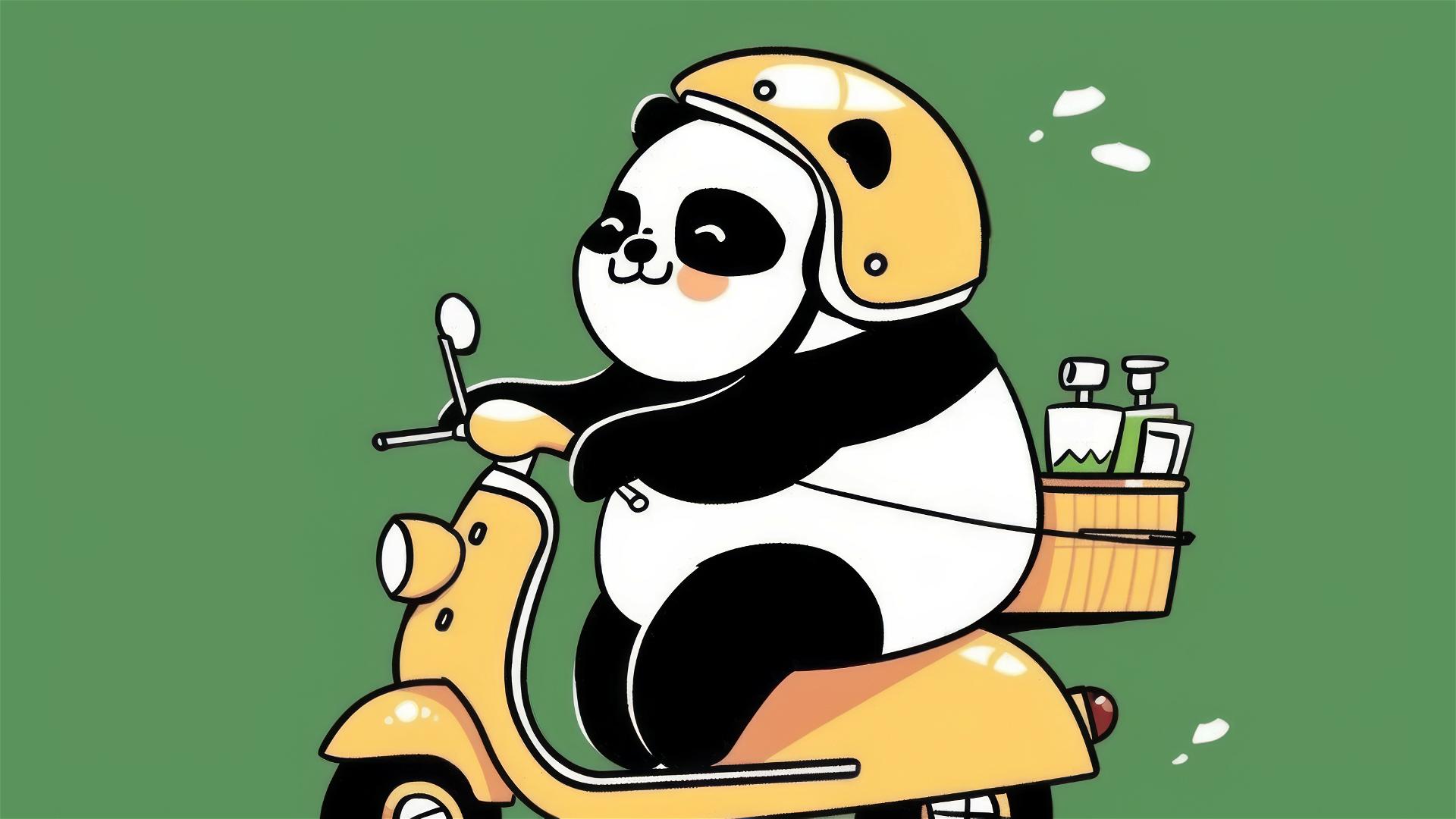 Illustration of a cute panda on an electric scooter with a green backdrop