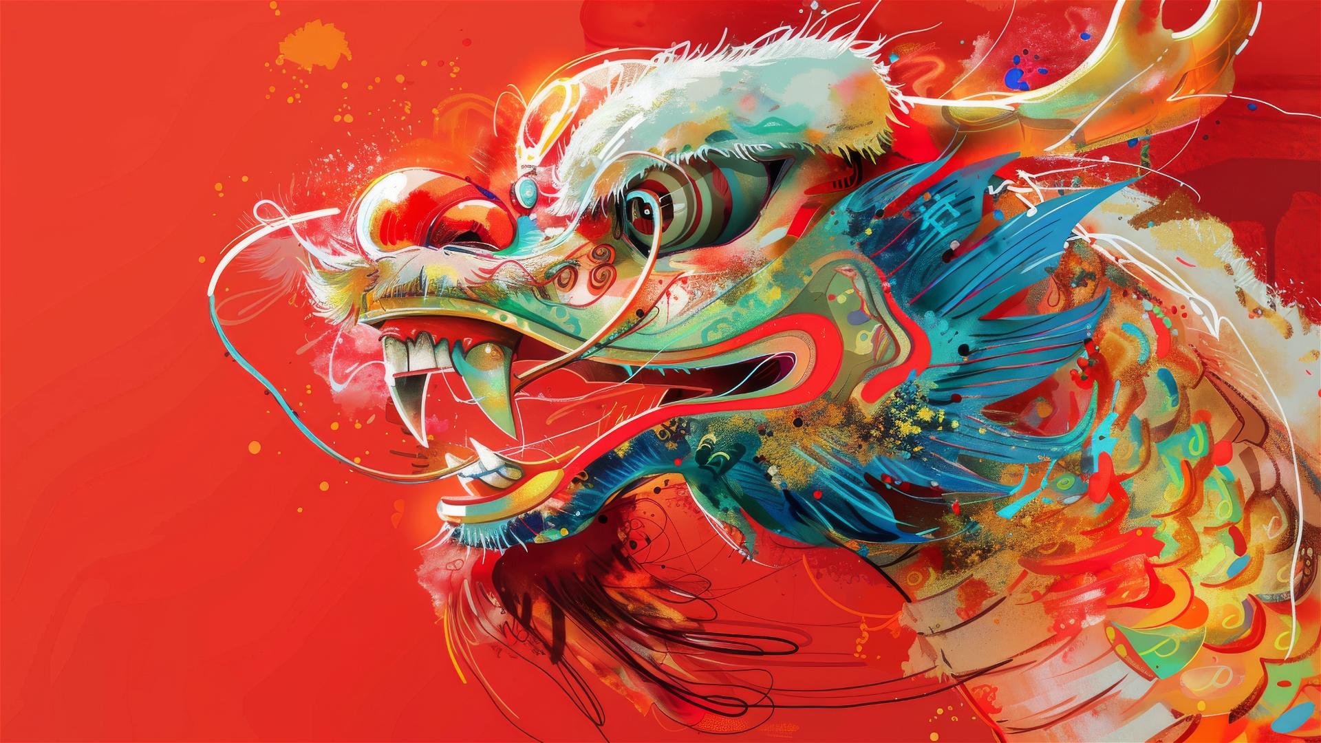 Cute pop art Chinese dragon with fine details on a red background.