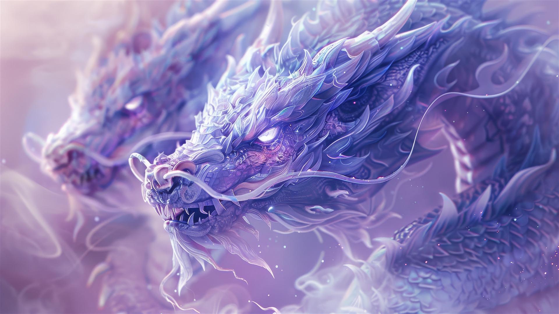 Two facing majestic purple Chinese dragons, ultra detailed with bright background.