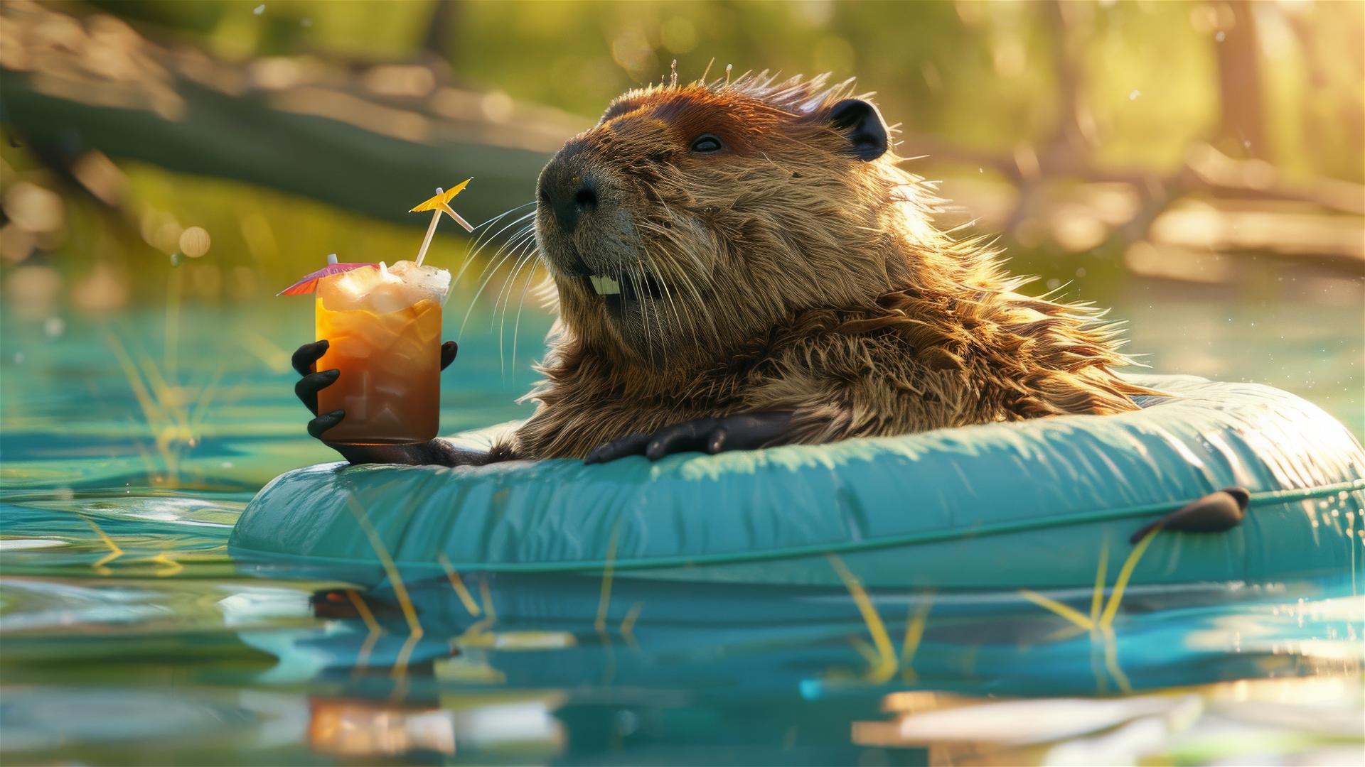 Beaver on an inflatable mattress holding a cocktail in turquoise water