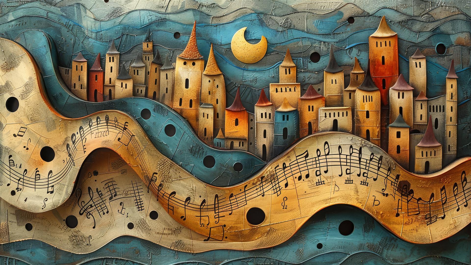 Whimsical musical notation drawing with intricate details