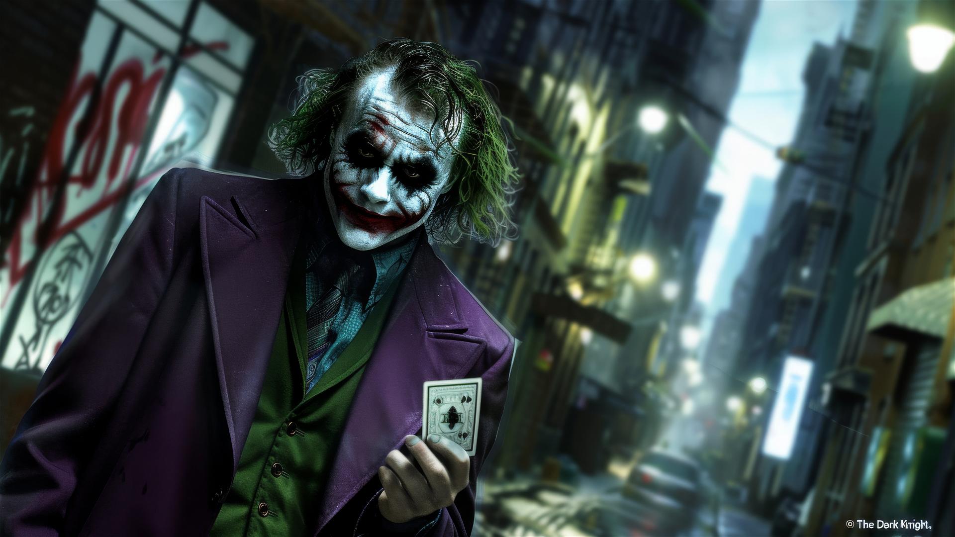 Heath Ledger's Joker in a grimy Gotham City alley holding a Joker card.