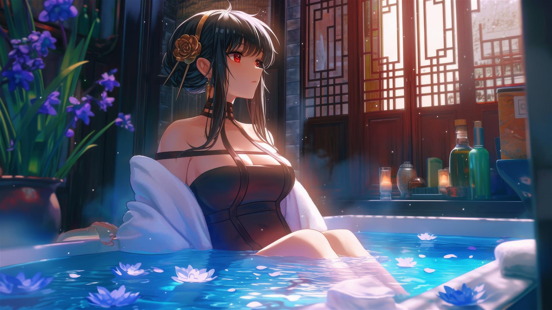 Yor Forger from Spy x Family in flower-filled tub inside Chinese spa
