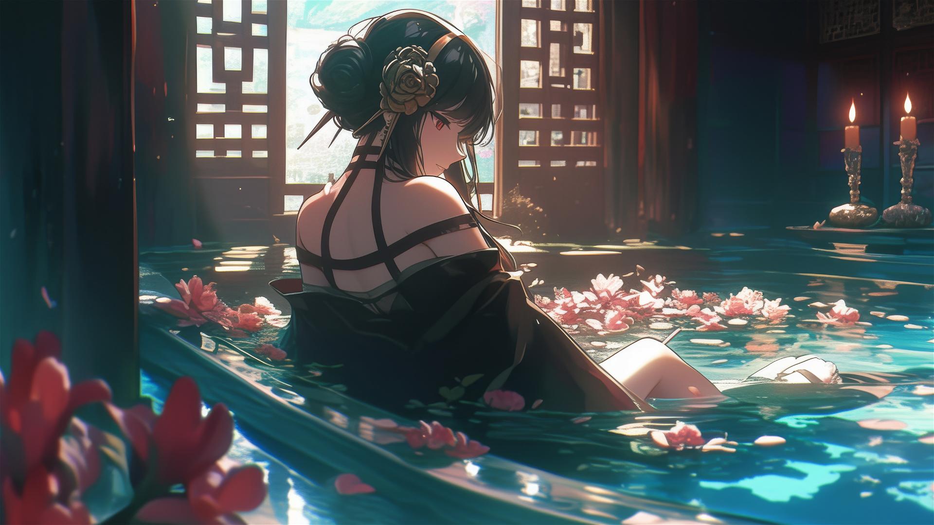 Yor Forger from Spy x Family in a tub full of flowers at a Chinese spa.
