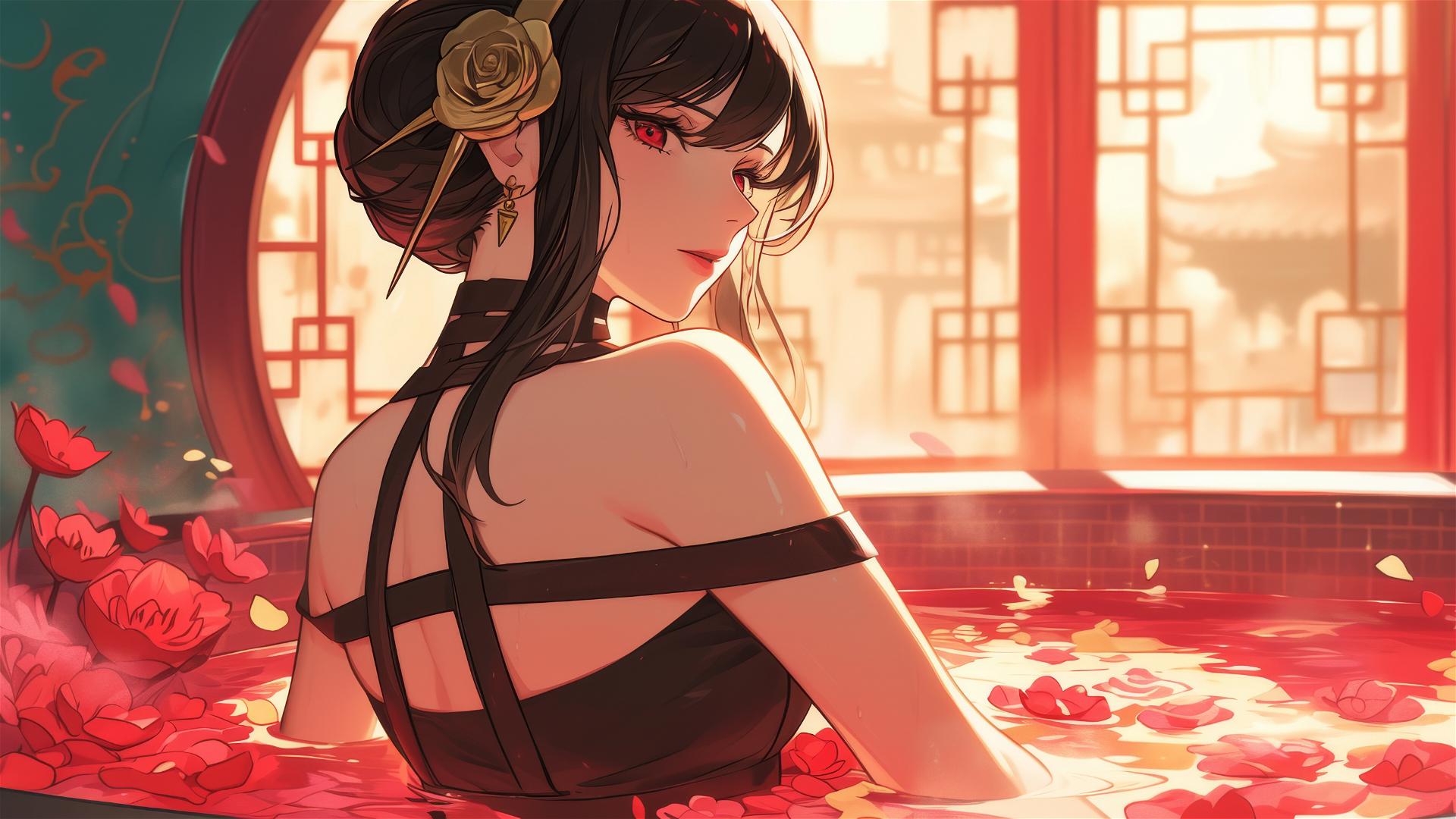 Yor Forger from Spy x Family in a flower-filled tub at a Chinese spa