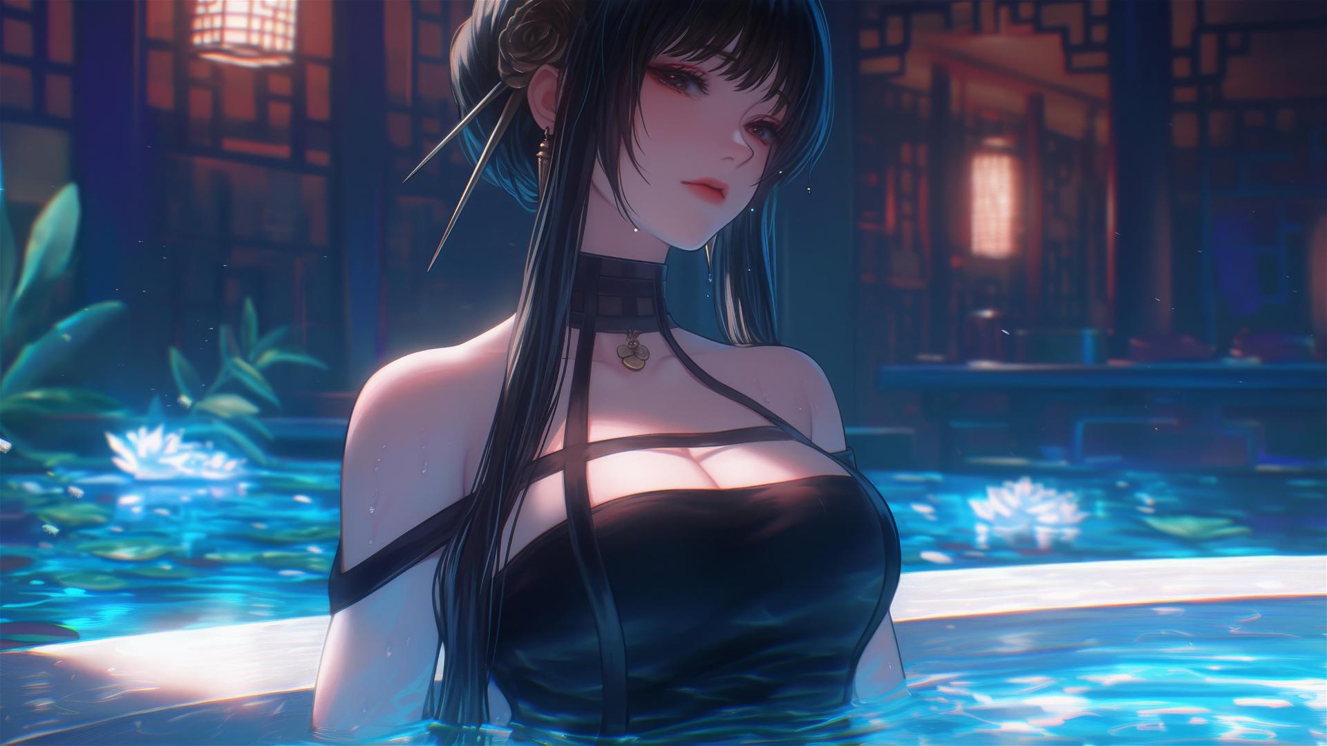 Yor Forger from Spy x Family in tub of flowers in Chinese spa.