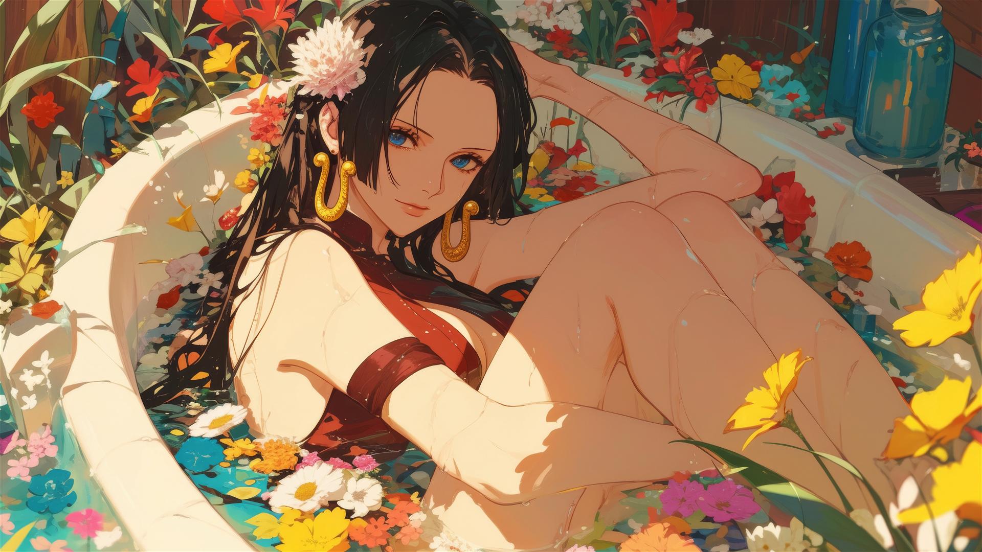 Boa Hancock from One Piece in a tub of flowers in a Chinese spa
