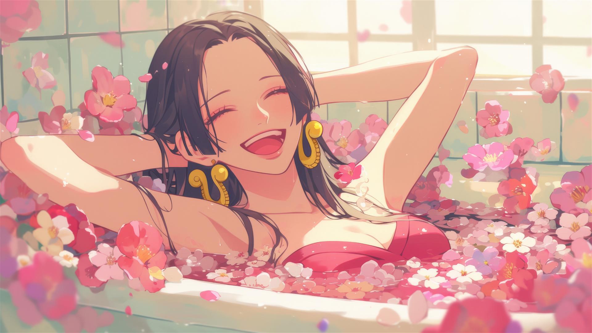 Boa Hancock from One Piece in a flower-filled tub at a Chinese spa