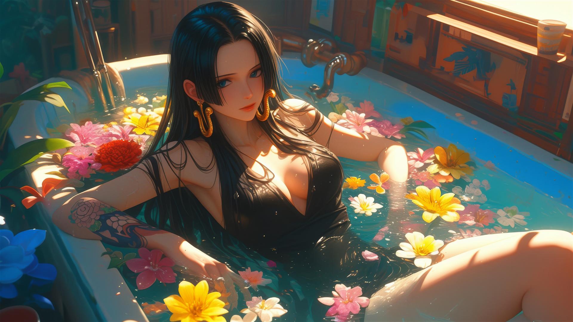 Boa Hancock surrounded by flowers in a Chinese spa