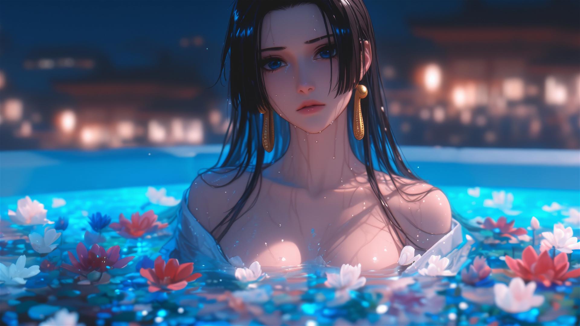 Boa Hancock from One Piece in a tub full of flowers at a Chinese spa