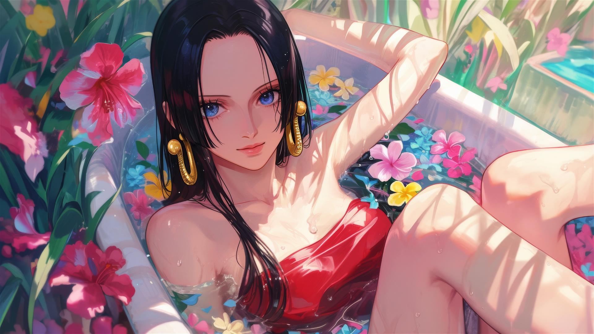 Boa Hancock from One Piece in a tub full of flowers in a Chinese spa