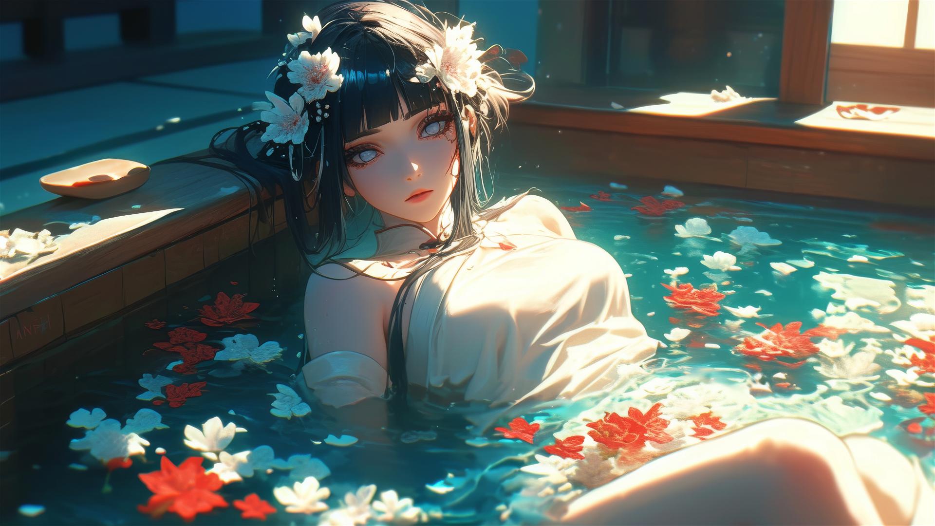 Hinata Hyuga in a flower-filled tub at a Chinese spa with white eyes.