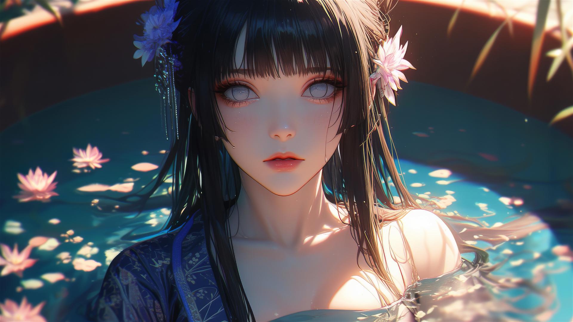Hinata Hyuga from Naruto in a flower-filled tub in a Chinese spa.