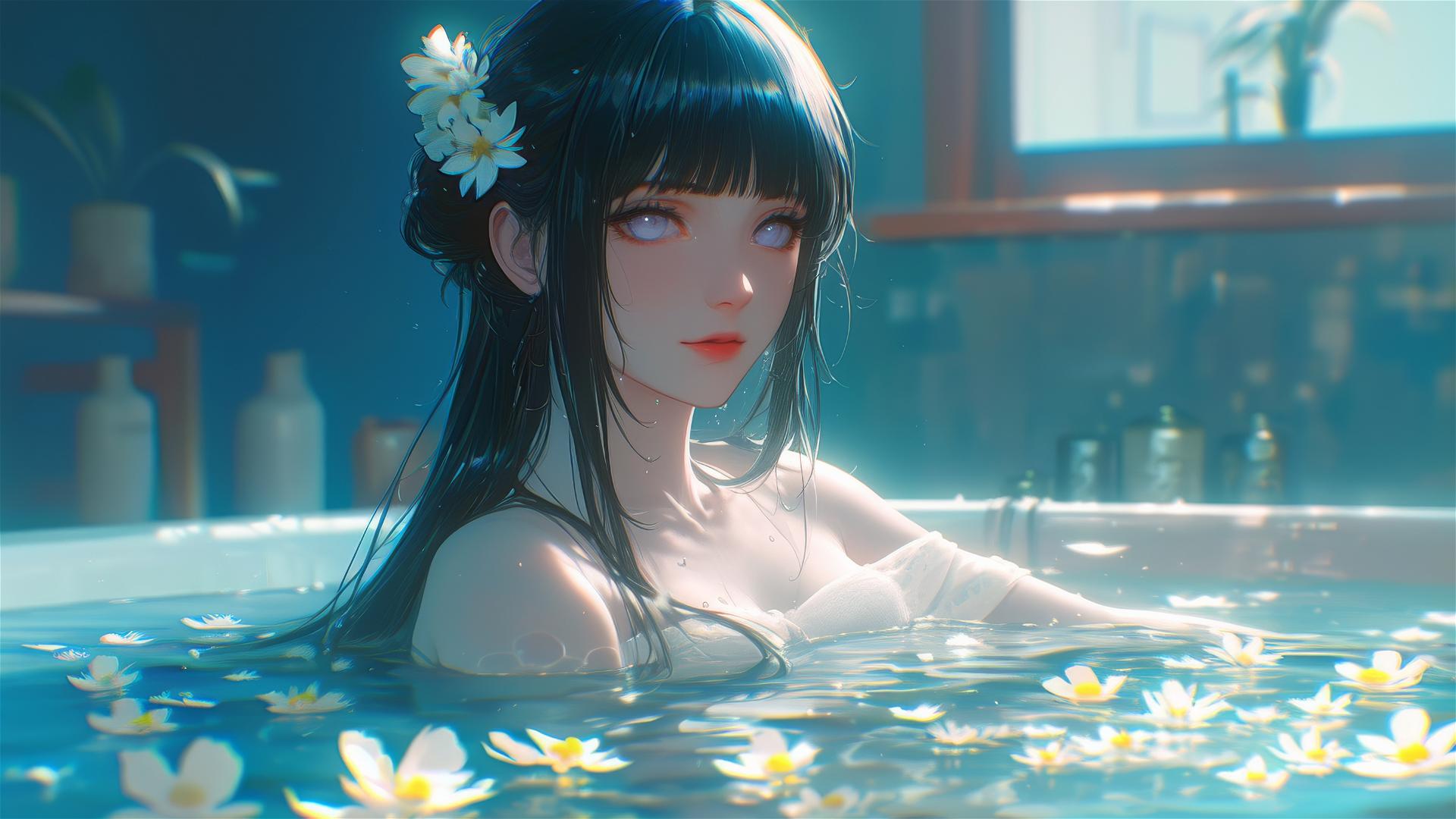 Hinata Hyuga from Naruto in a floral tub in a Chinese spa.