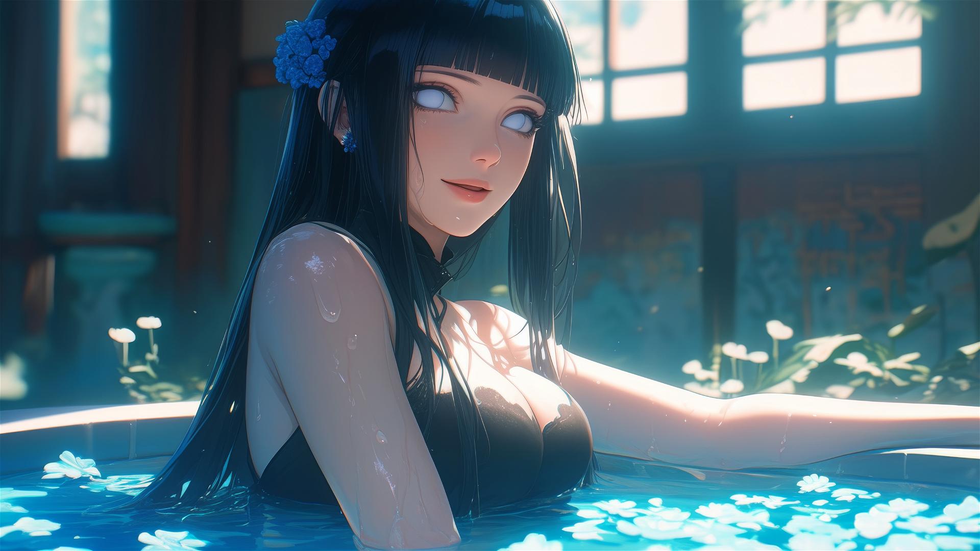 Hinata Hyuga in a tub full of flowers inside a Chinese spa, with white eyes.