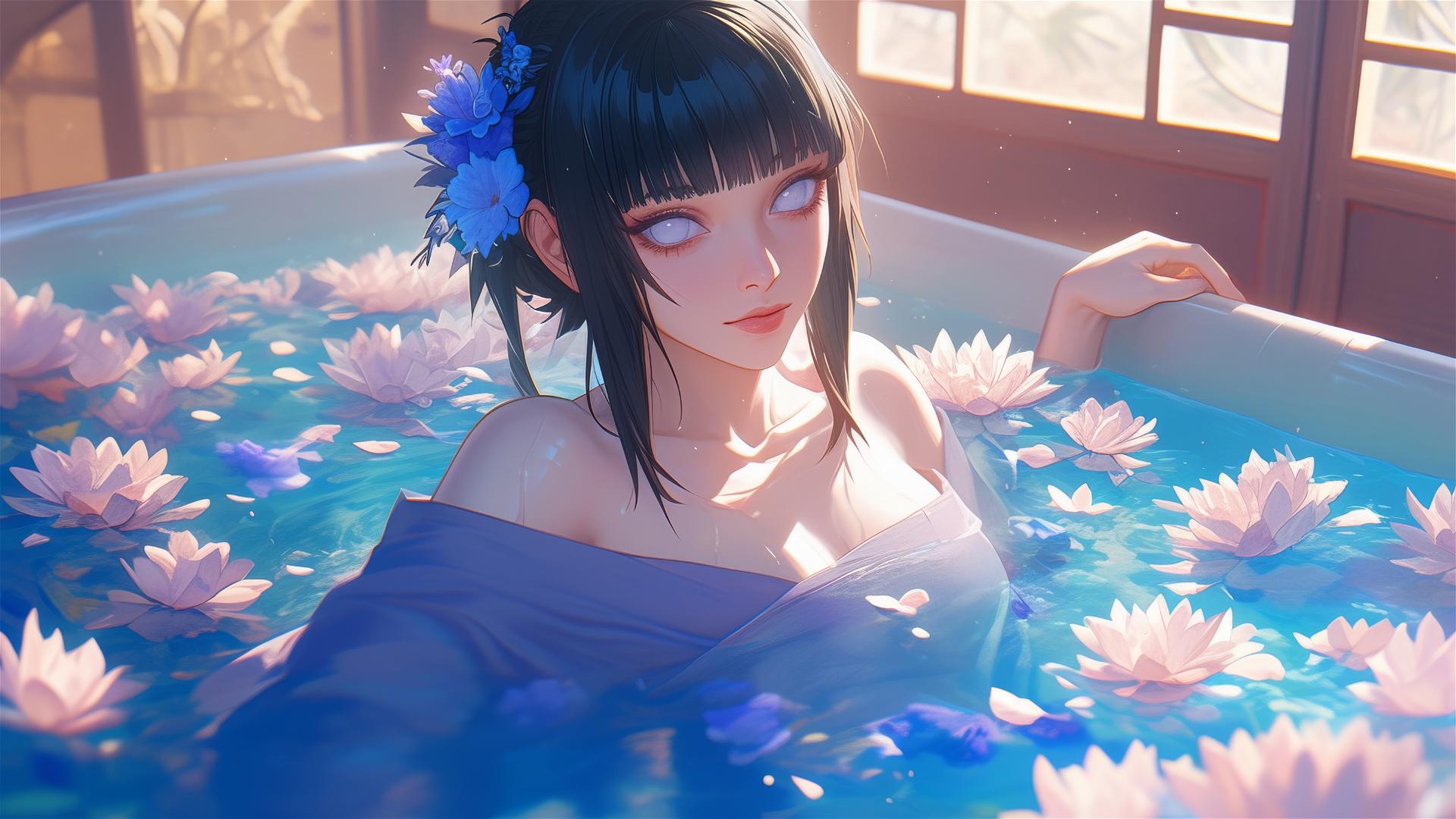 Hinata Hyuga from Naruto in a tub of flowers in a Chinese spa