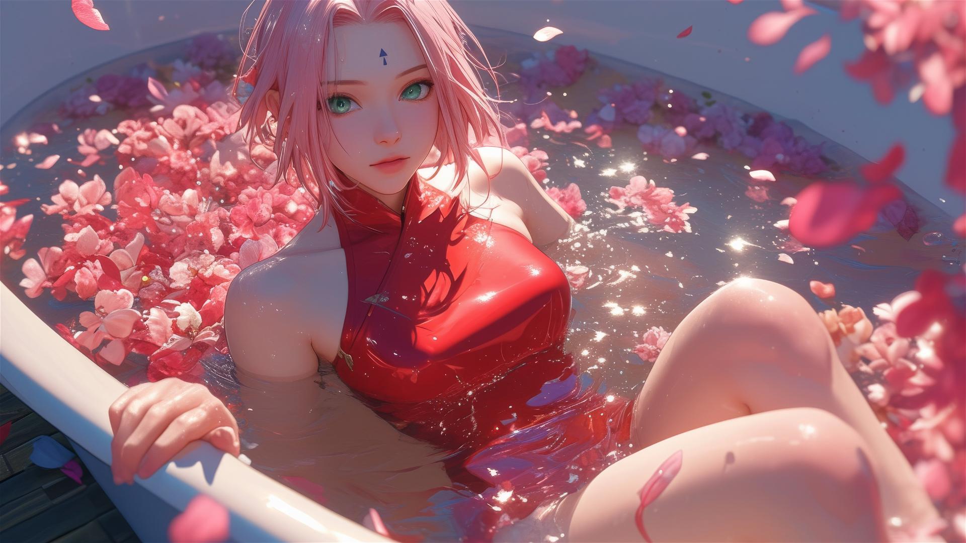 Sakura Haruno from Naruto in a tub full of flowers in a Chinese spa.