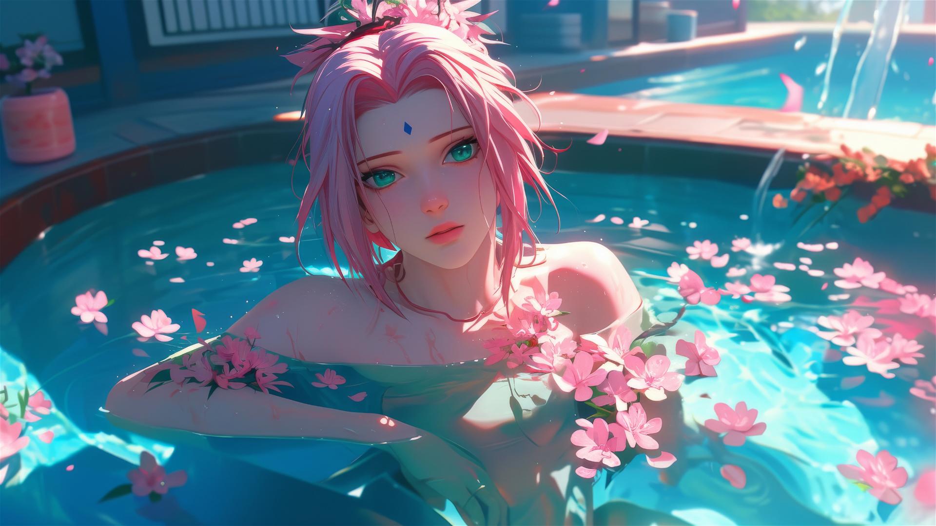 Sakura Haruno in a flower-filled tub in a Chinese spa